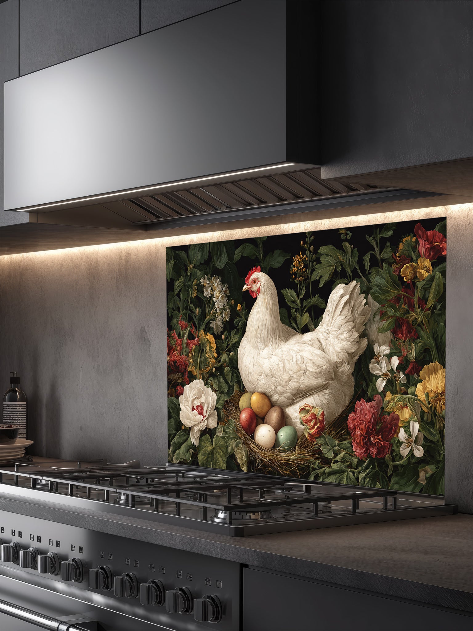 Kitchen stove with a decorative glass splashback featuring a chicken and flowers.