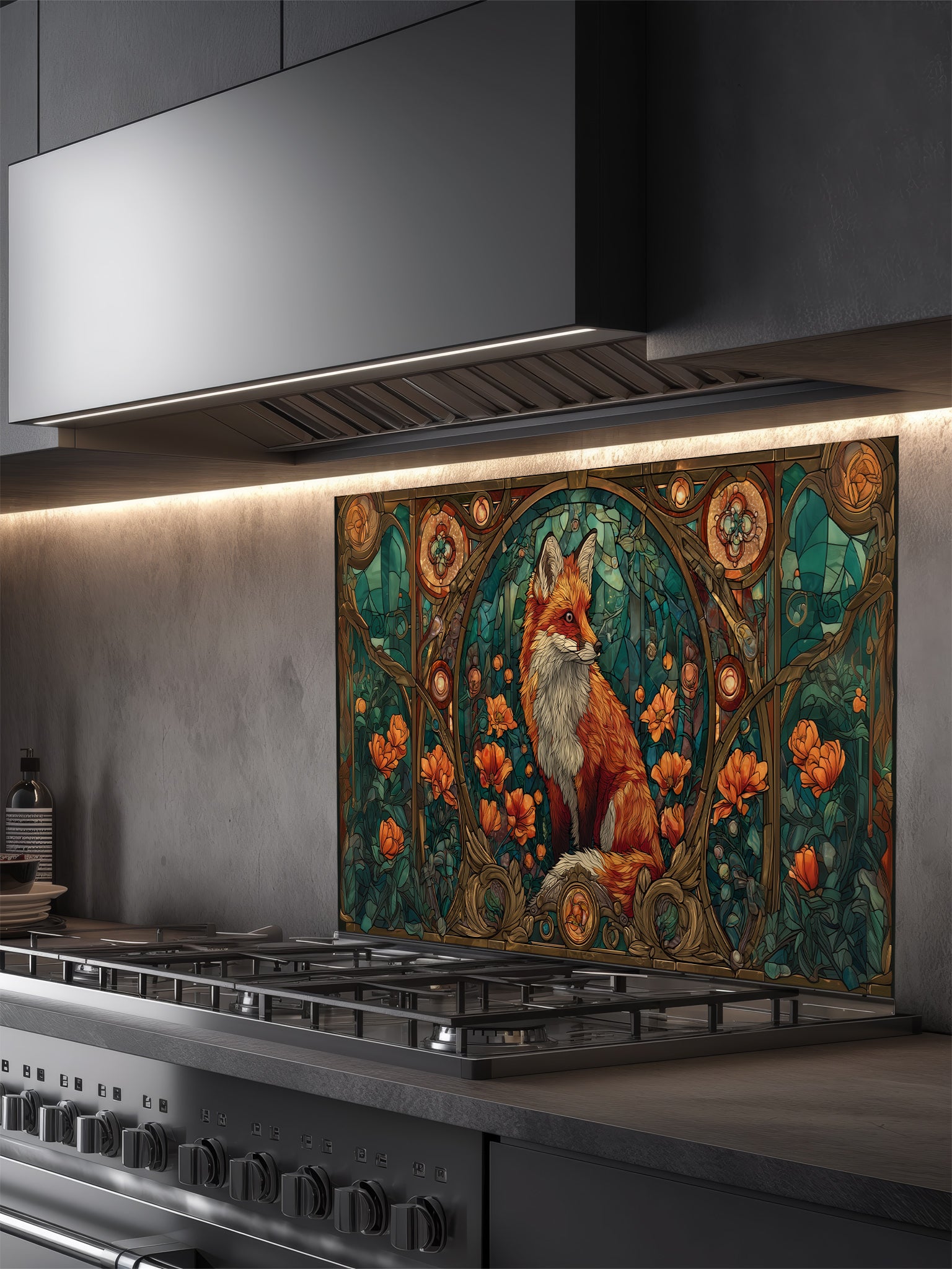 Tempered glass kitchen backsplash featuring a highly realistic 3D illusion of Art Nouveau stained glass showing a red fox surrounded by orange flowers and ornate borders against a teal background, installed behind a modern stainless steel stove.