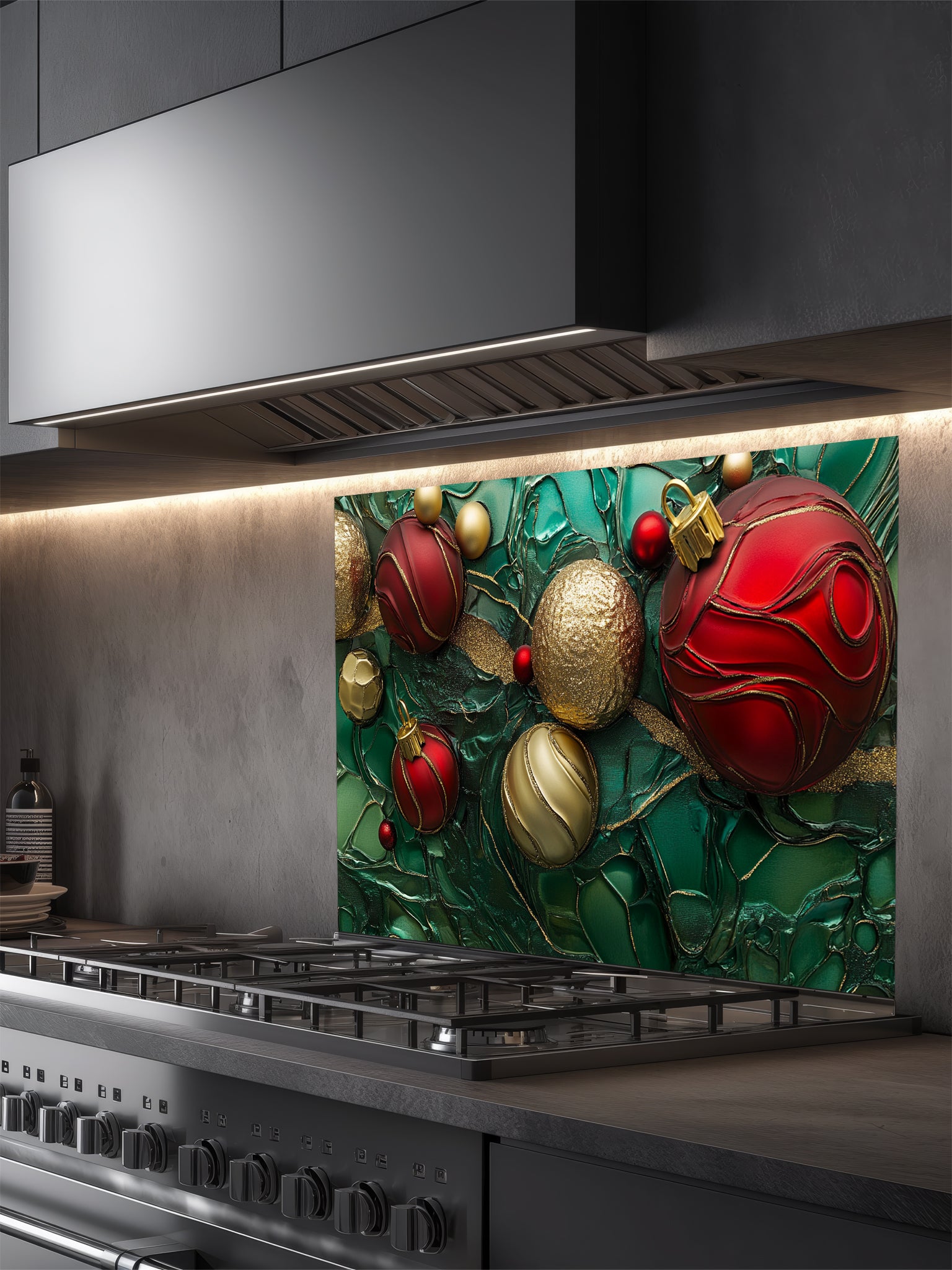 Tempered glass kitchen backsplash featuring a highly realistic 3D illusion of festive red and gold Christmas ornaments and ribbons floating against a deep emerald green marble and fluid art background with golden veins, installed behind a modern stainless steel stove.