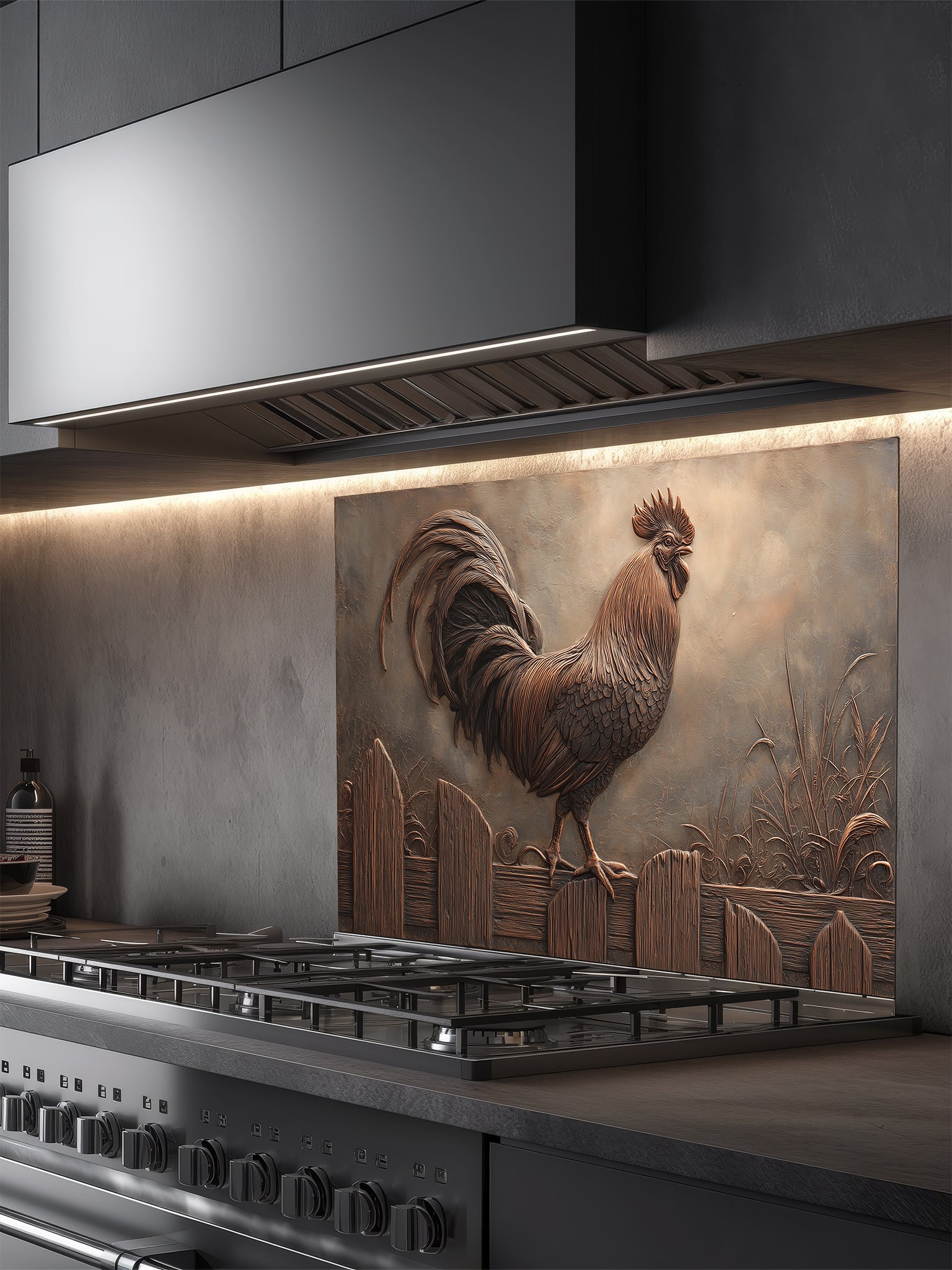 Tempered glass kitchen backsplash featuring a highly realistic 3D faux copper metal relief design of a rustic rooster standing on a fence, installed behind a modern stainless steel stove.
