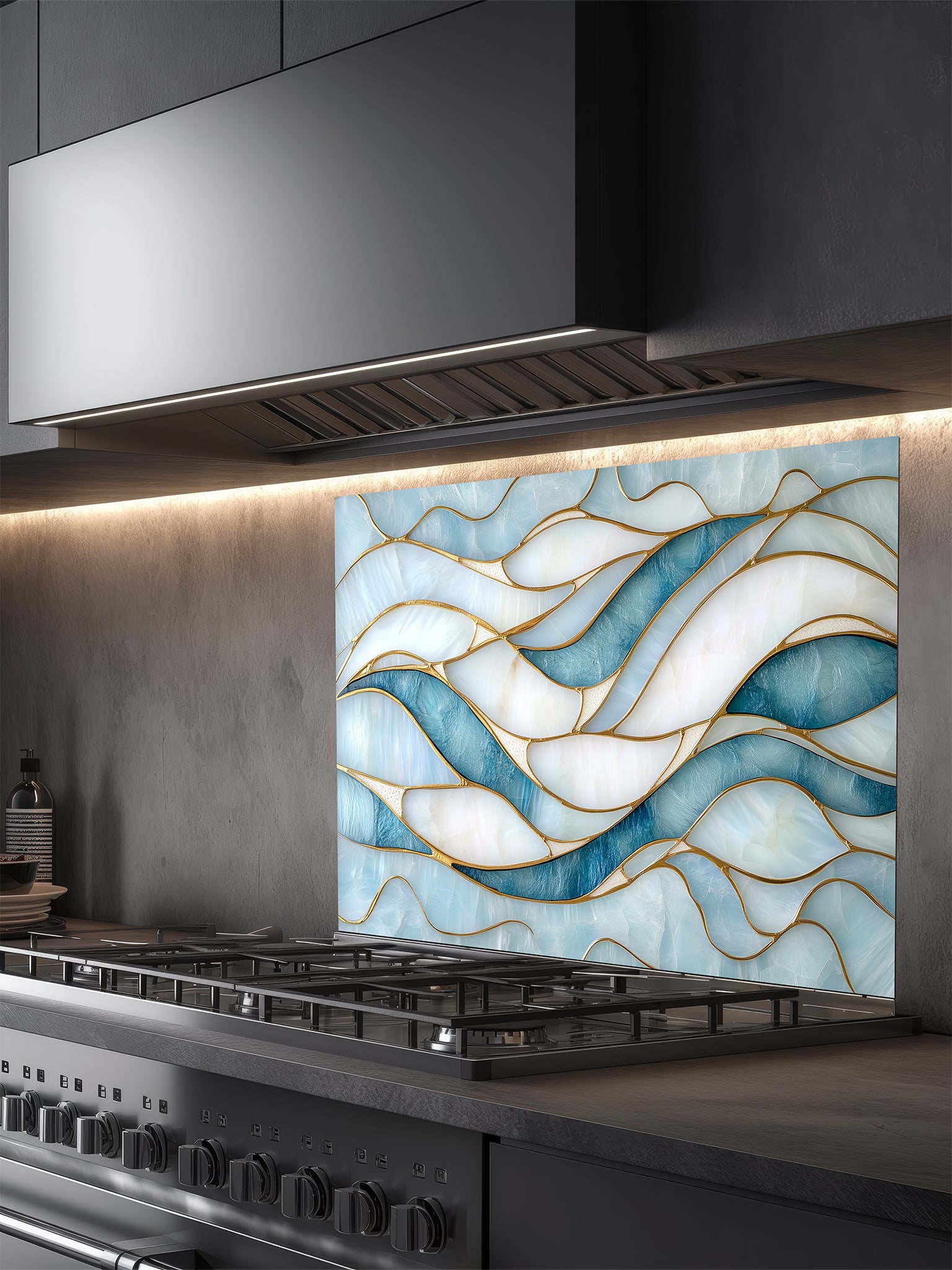 Tempered glass kitchen backsplash featuring a calming modern abstract wave design in faux stained glass with blue, teal, and pearlescent white sections separated by elegant gold lines, installed behind a modern stainless steel stove.