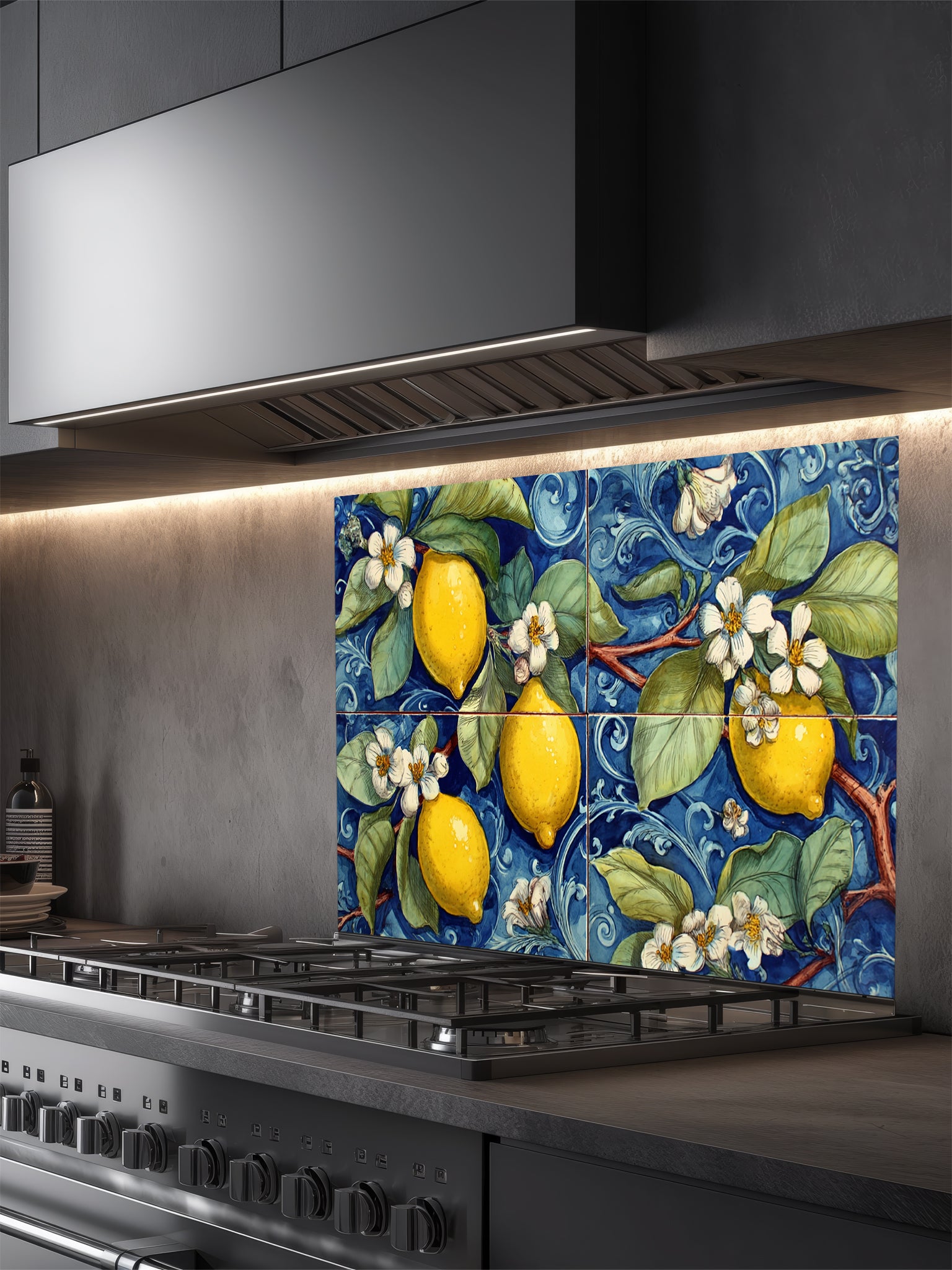 Tempered glass kitchen backsplash featuring a highly realistic illusion of a large four-panel traditional hand-painted Italian Majolica ceramic tile mural, showcasing bright yellow lemons and white blossoms against a deep cobalt blue background with intricate scrollwork, installed behind a modern black stove.