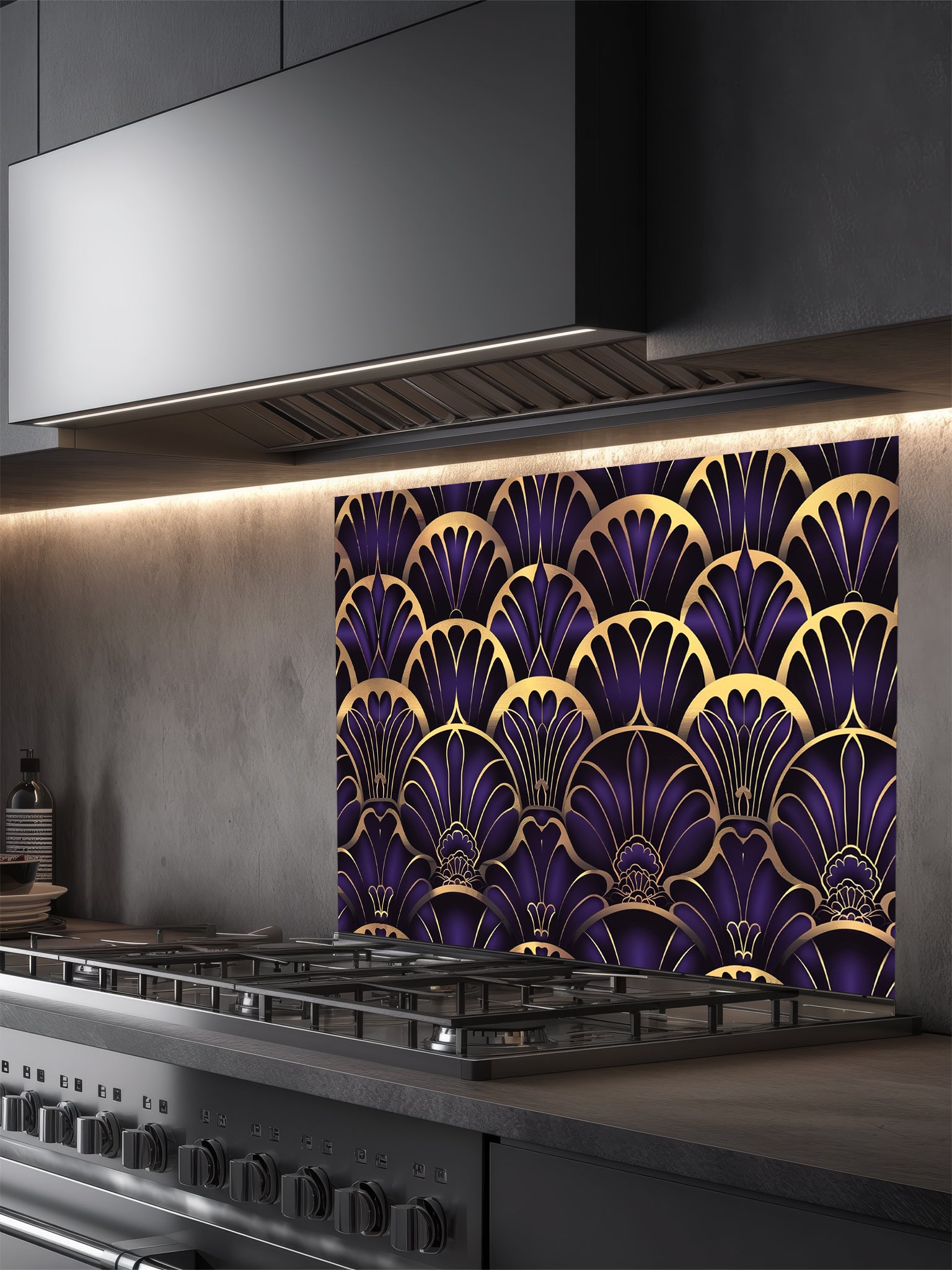 Tempered glass kitchen backsplash featuring a highly realistic 3D illusion of an Art Deco geometric scalloped fan pattern in luxurious royal purple and faux gold metallic outlines, installed behind a modern black stove.