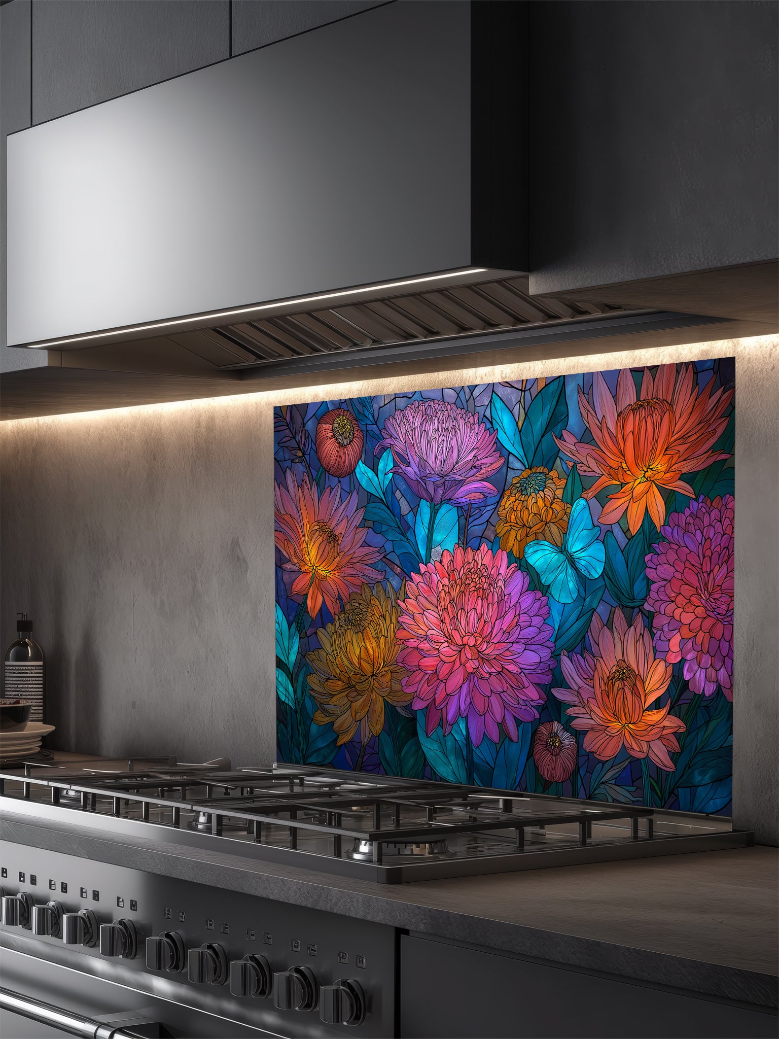 Stained glass style vibrant pink and orange dahlia flowers with a bright blue butterfly, UV printed on a smooth tempered glass kitchen backsplash, installed behind a modern stove.
