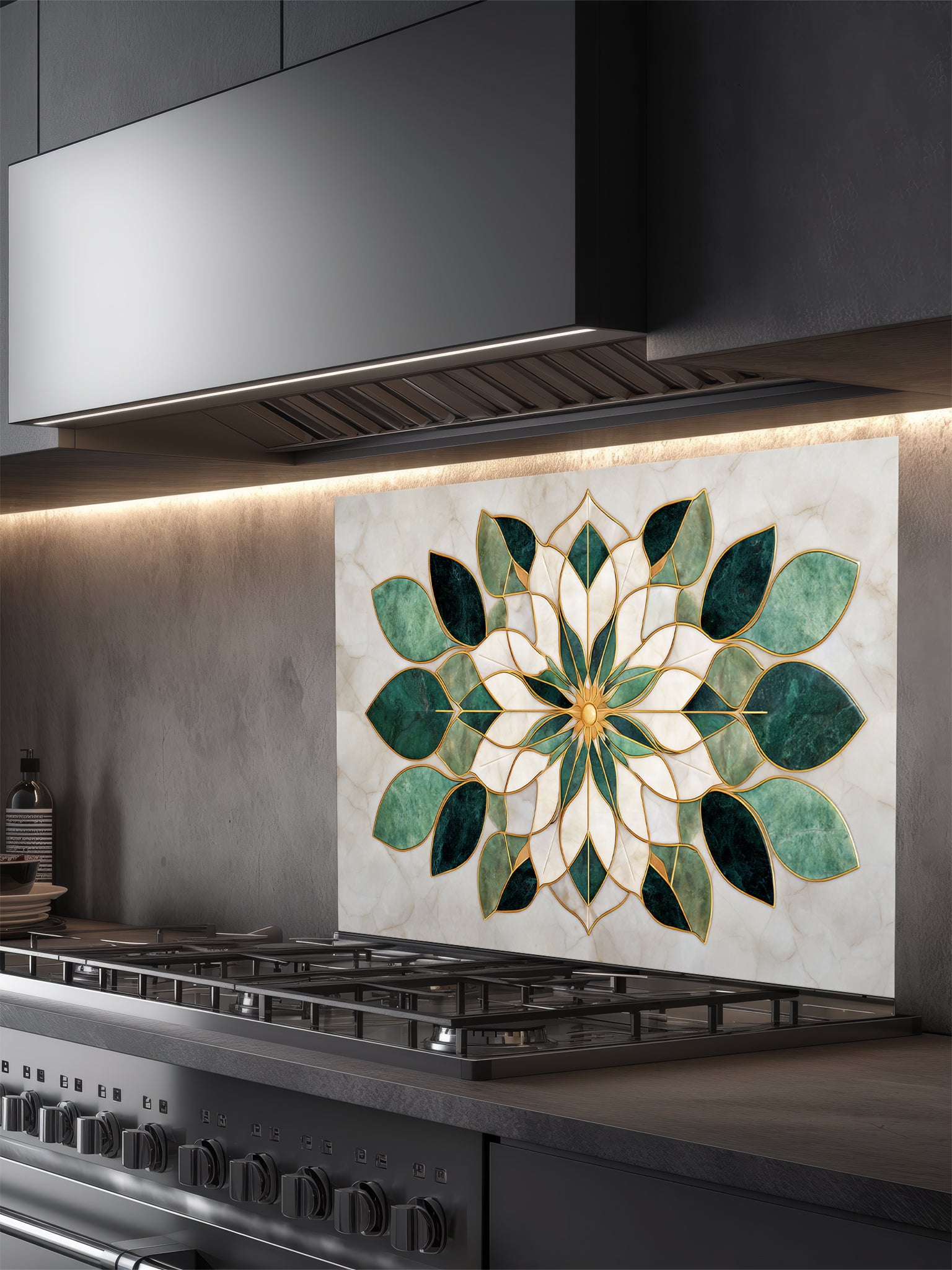Tempered glass kitchen backsplash featuring a highly realistic 3D illusion of luxurious marble inlay art, showcasing a symmetrical geometric floral mandala or lotus pattern in emerald green and creamy white marble textures with faux gold metallic outlines, installed behind a modern black stove.