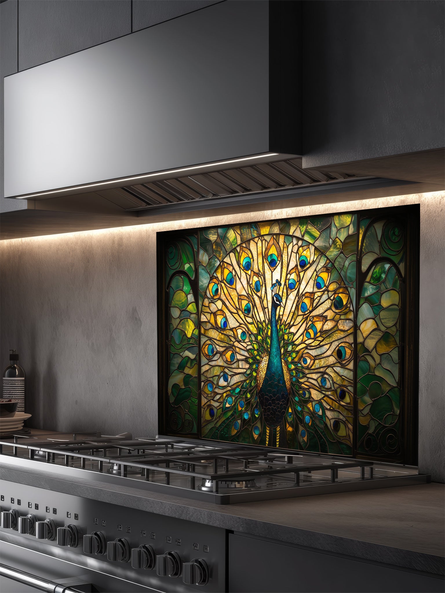 Tempered glass kitchen backsplash featuring a highly realistic 3D illusion of stained glass art showing a majestic peacock with fully spread tail feathers in vibrant emerald greens, blues, and gold, installed behind a modern stainless steel stove.