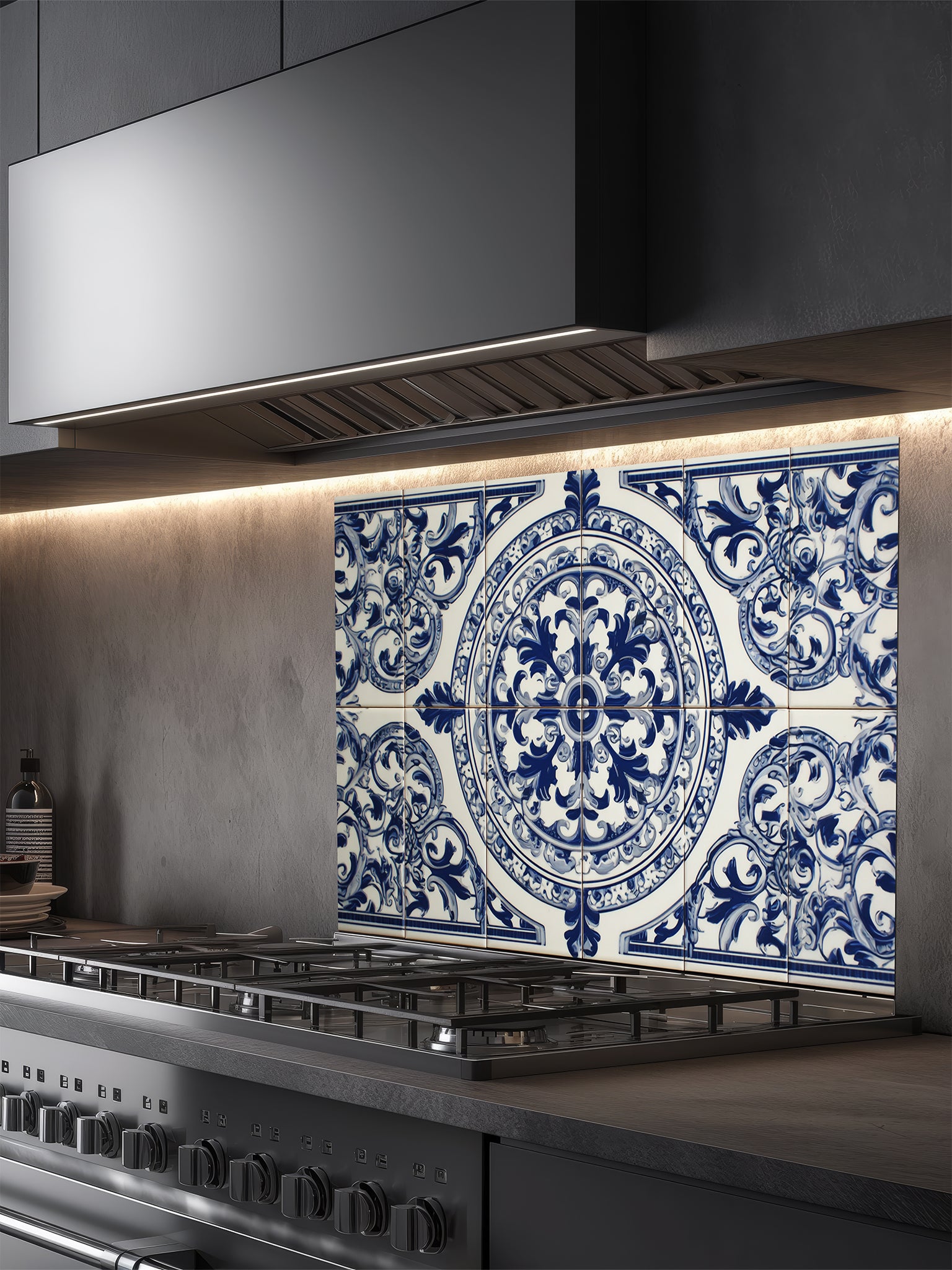 Tempered glass kitchen backsplash featuring a traditional Mediterranean blue and white Azulejo faux tile design with an ornate central floral mandala pattern, installed behind a modern stainless steel stove.