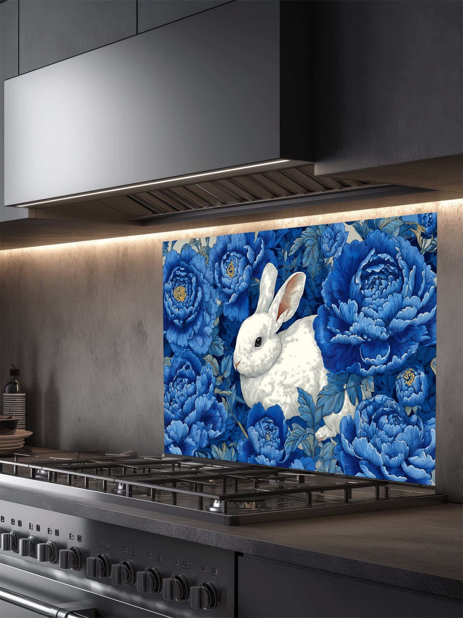 Vintage style illustration of a white rabbit sitting among large deep blue peony flowers, UV printed on a smooth tempered glass kitchen backsplash, installed behind a modern stove.