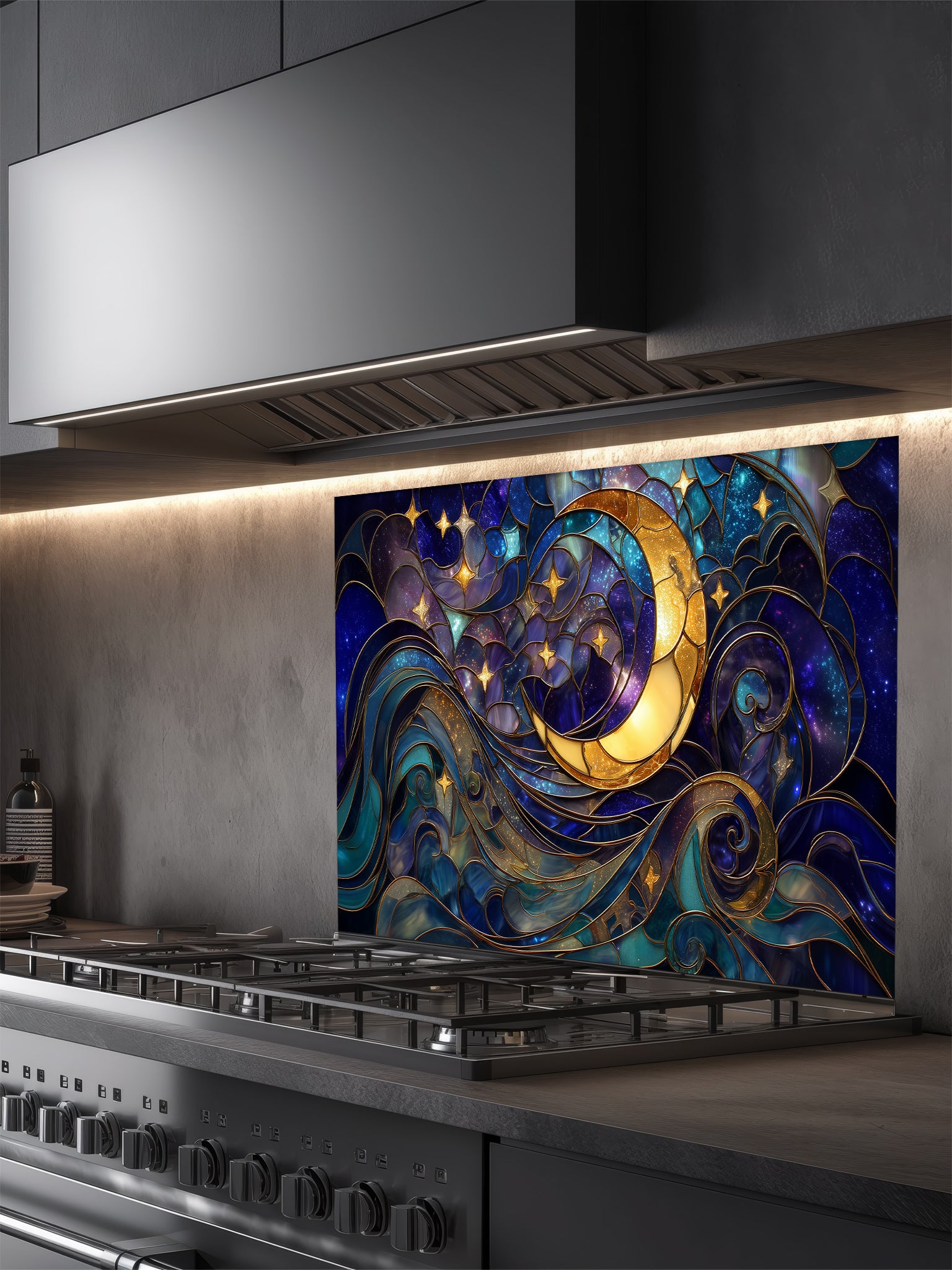 Tempered glass kitchen backsplash featuring a highly realistic 3D illusion of stained glass art showing a glowing golden crescent moon and stars swirling in a deep blue night sky, installed behind a modern stainless steel stove.