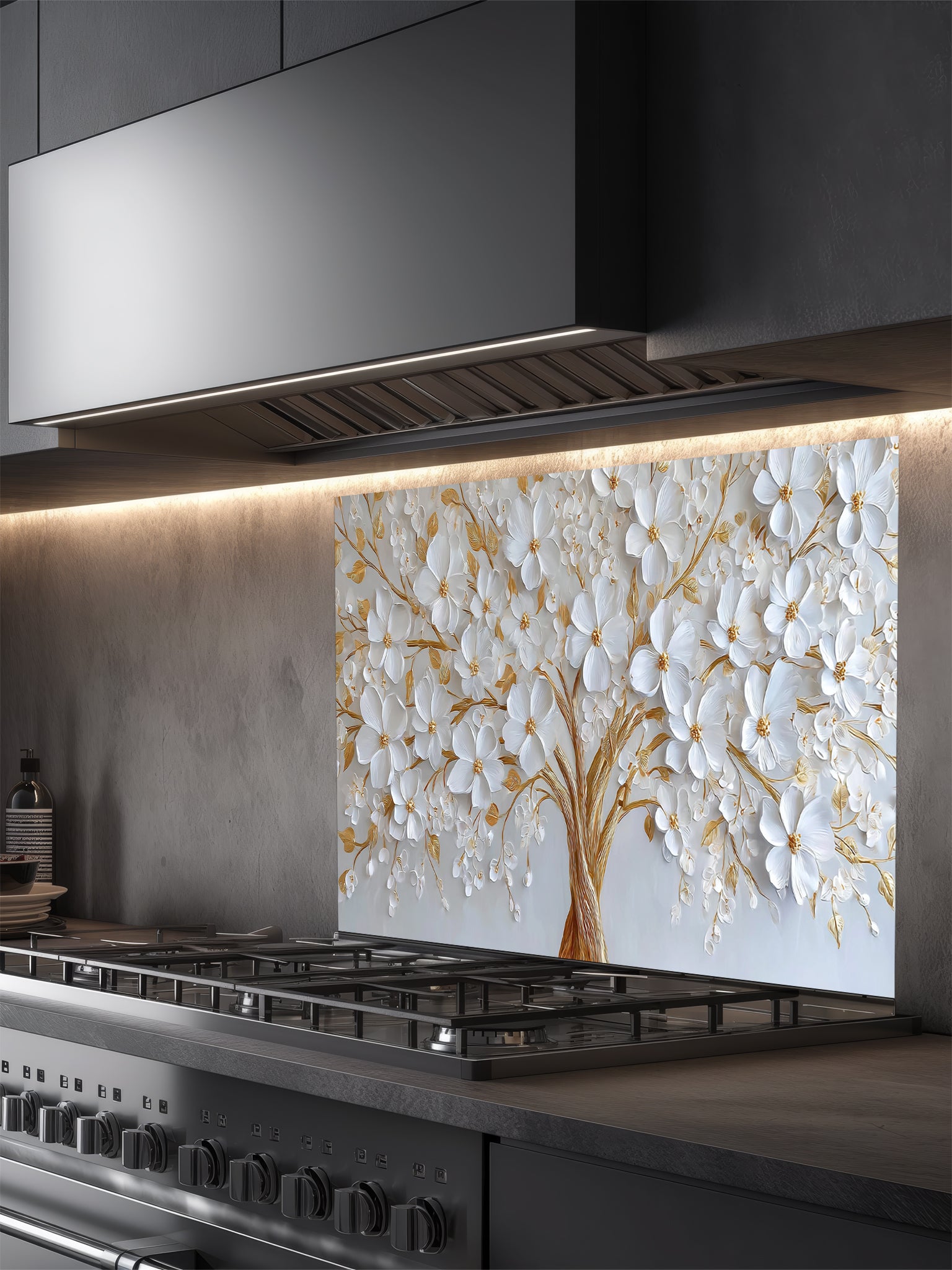 Faux 3D impasto style painting of a white floral tree with heavy gold accents on a crisp white background, UV printed on a smooth tempered glass kitchen backsplash.