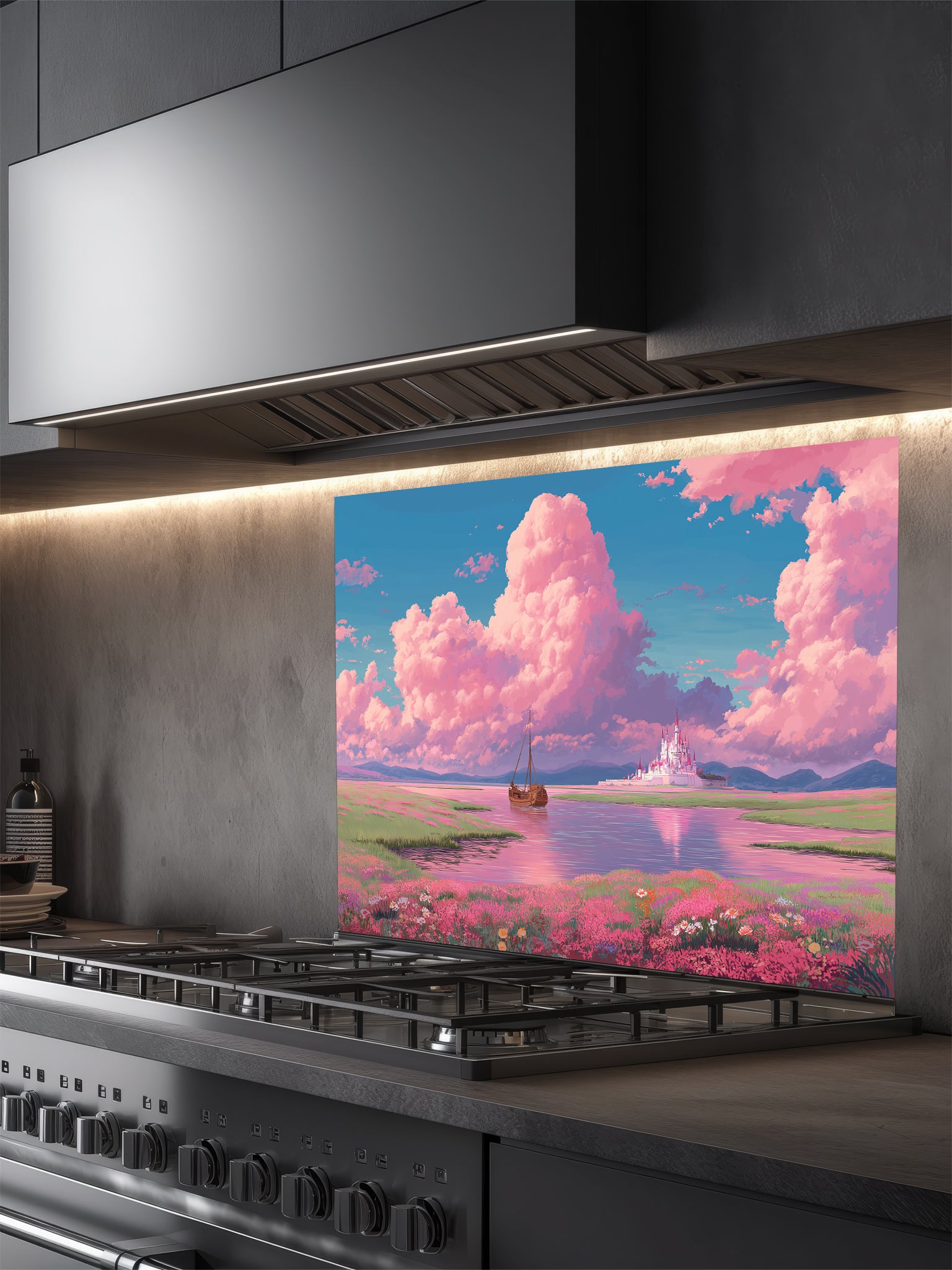 Anime style fantasy landscape with fluffy pastel pink clouds, a sailboat on a calm river, and a distant magical white castle, UV printed on a smooth tempered glass kitchen backsplash.