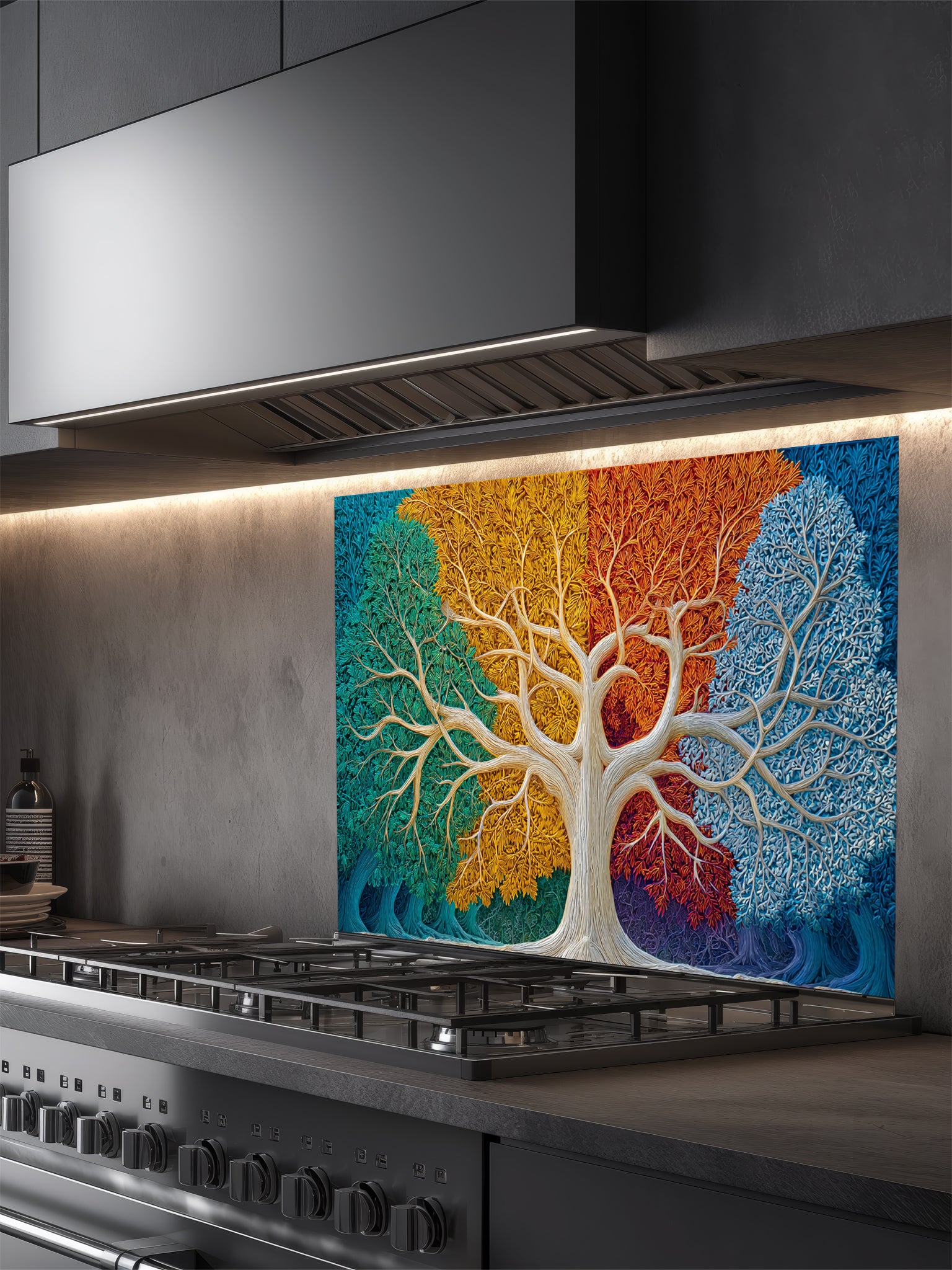 Faux 3D relief art of a Tree of Life with intricately textured leaves divided into four vibrant colors representing the four seasons, UV printed on a smooth tempered glass kitchen backsplash.
