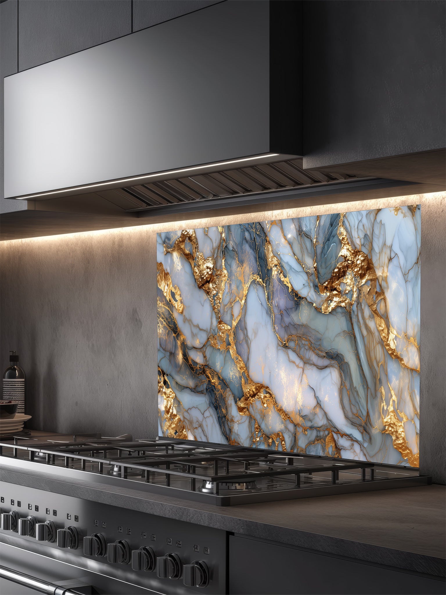 Modern kitchen with a marble-patterned backsplash and stainless steel range hood.