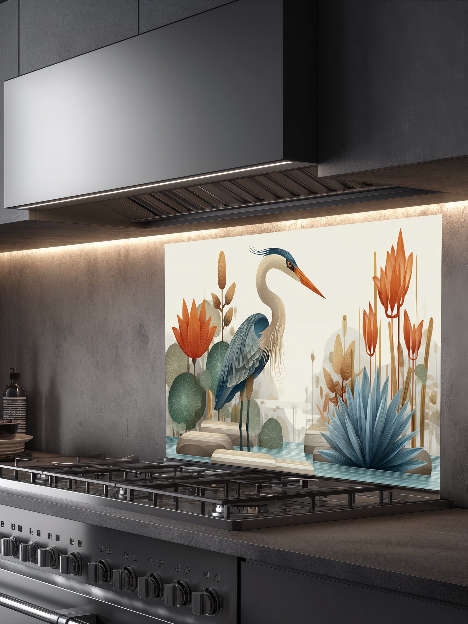 Tempered glass kitchen backsplash featuring a crisp, modern minimalist flat illustration of a grey heron standing among geometric teal lotus leaves, smooth river stones, and tall orange architectural flowers against a smooth cream background, installed behind a modern black stove.
