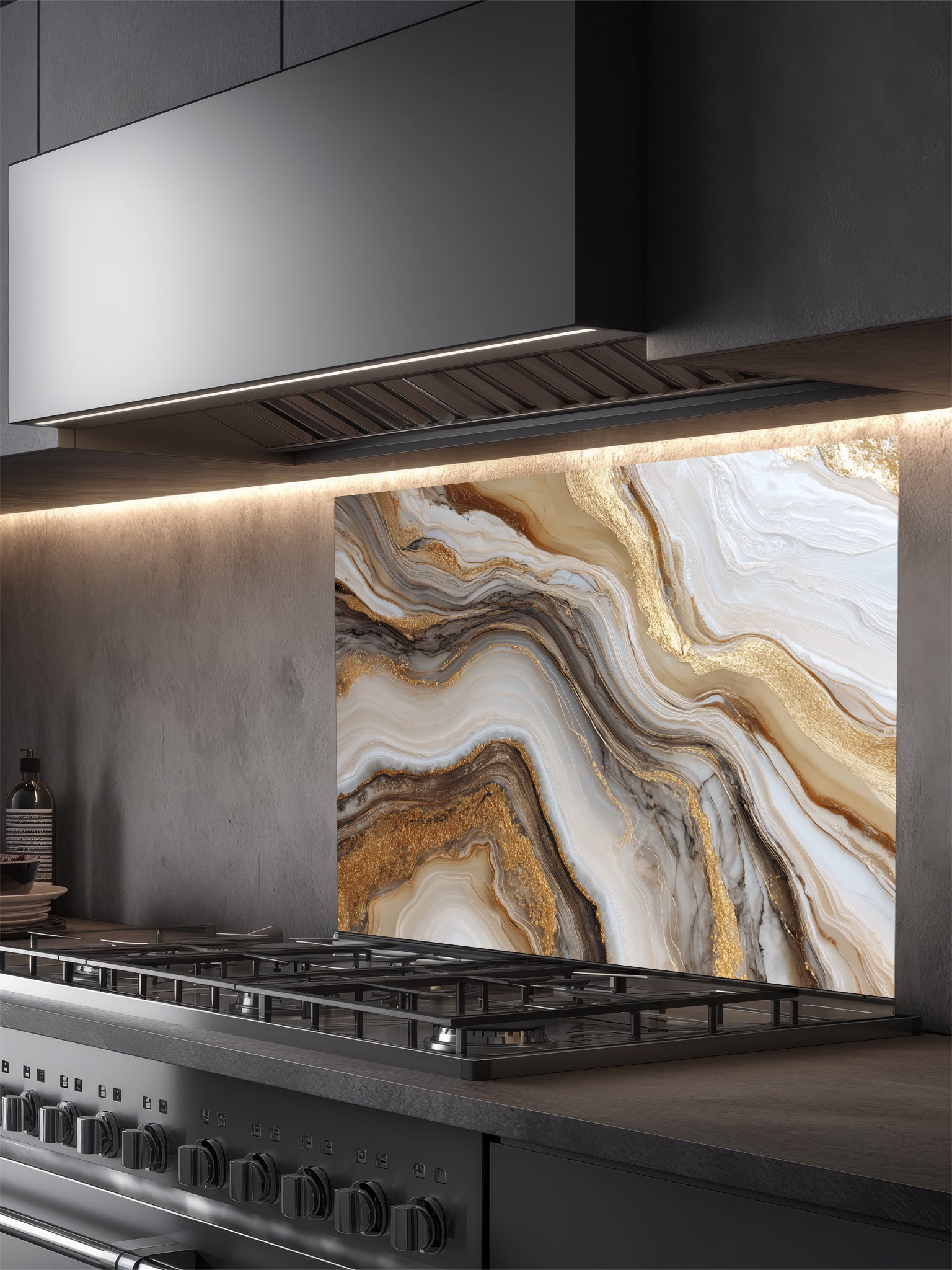 Abstract fluid art pattern mimicking white and brown agate marble with swirling gold leaf veins, UV printed on a smooth tempered glass kitchen backsplash, installed behind a modern stove.