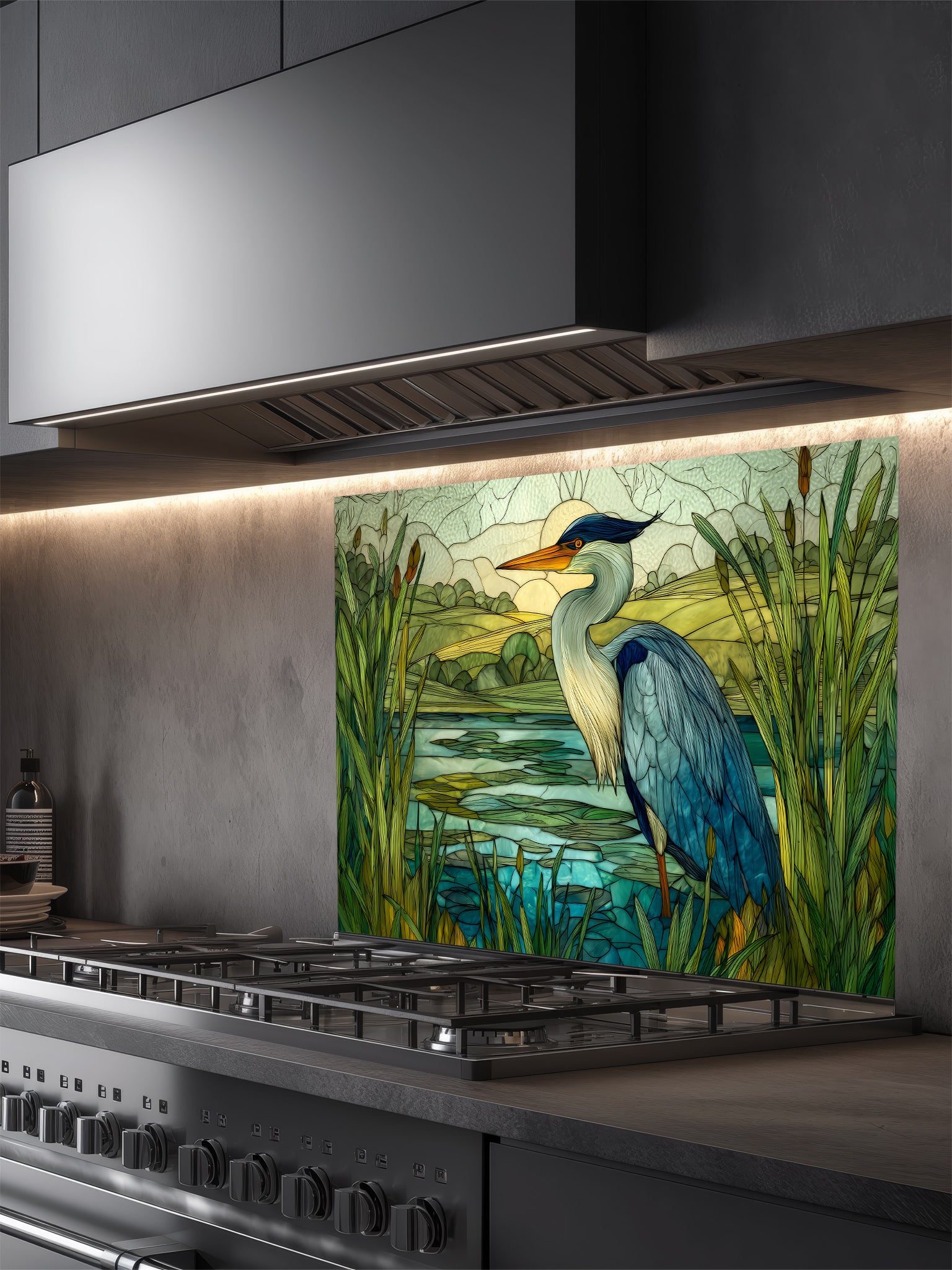 Tempered glass kitchen backsplash featuring a highly realistic 3D illusion of stained glass art showing a majestic blue heron standing in a serene wetland marsh with green cattails and a tranquil lake, installed behind a modern stainless steel stove.