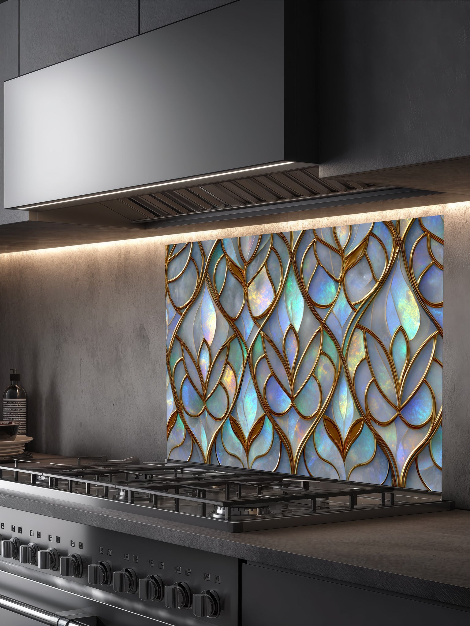 Tempered glass kitchen backsplash featuring a highly realistic 3D illusion of Art Nouveau stained glass showing an elegant repeating leaf pattern with iridescent opal and pearl inlays outlined in rich gold filigree, installed behind a modern stainless steel stove.