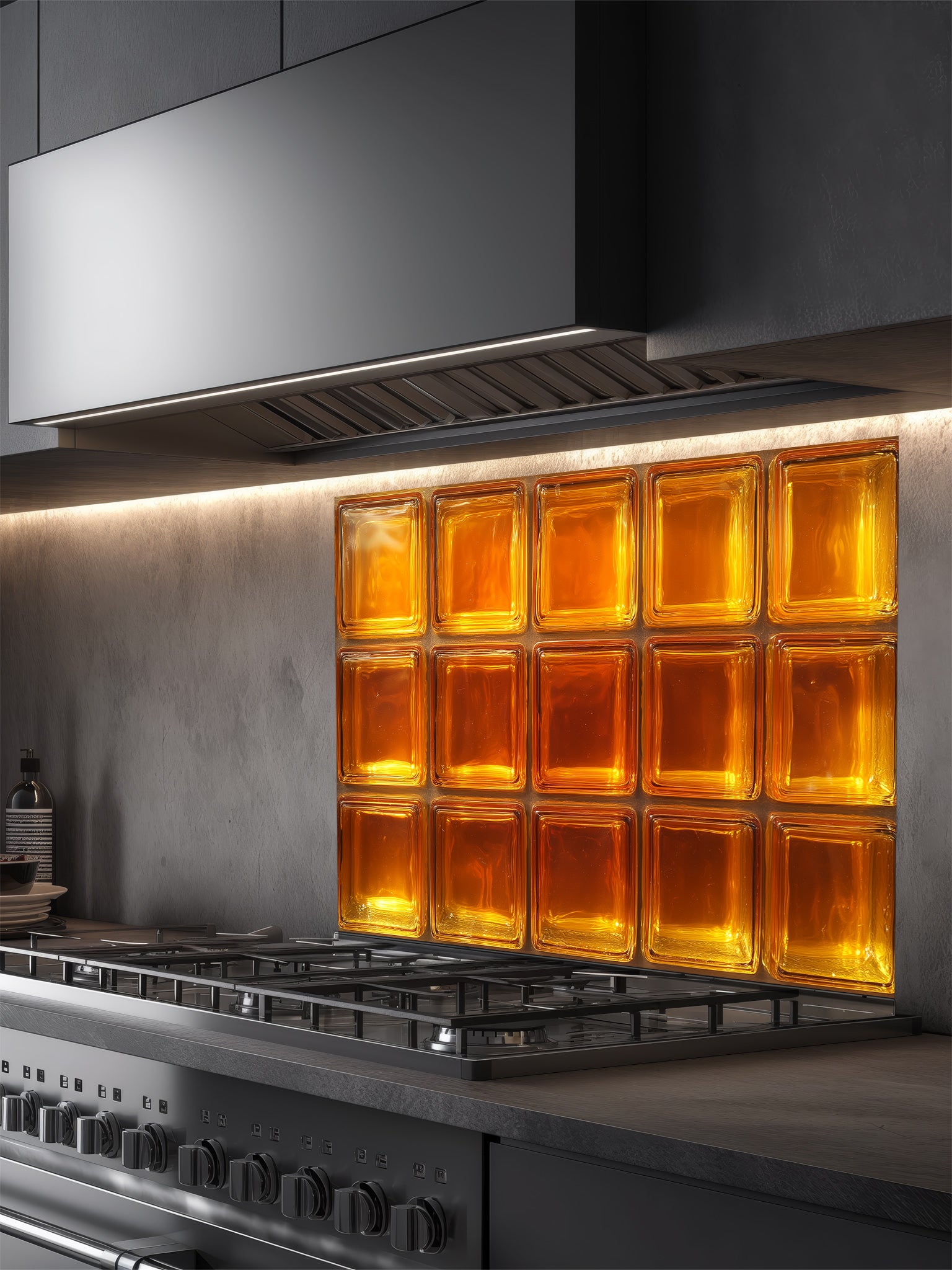 A retro-style kitchen featuring a tempered glass backsplash with a highly realistic faux amber glass block design, giving a warm glowing illusion behind a modern black stove.
