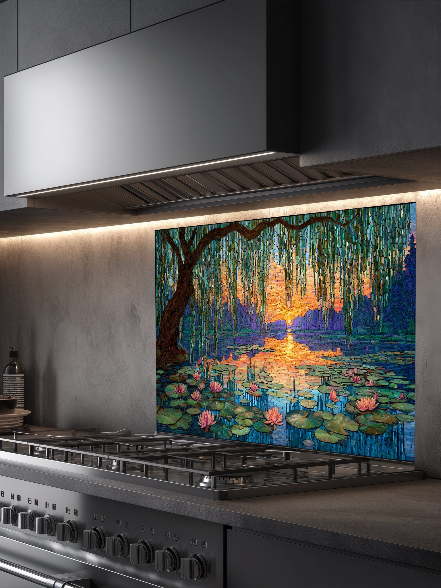 Tempered glass kitchen backsplash featuring a highly realistic 3D illusion of intricate mosaic tile art showing a majestic weeping willow tree and blooming pink water lilies on a tranquil lake during a vibrant golden and purple sunset, installed behind a modern black stove.
