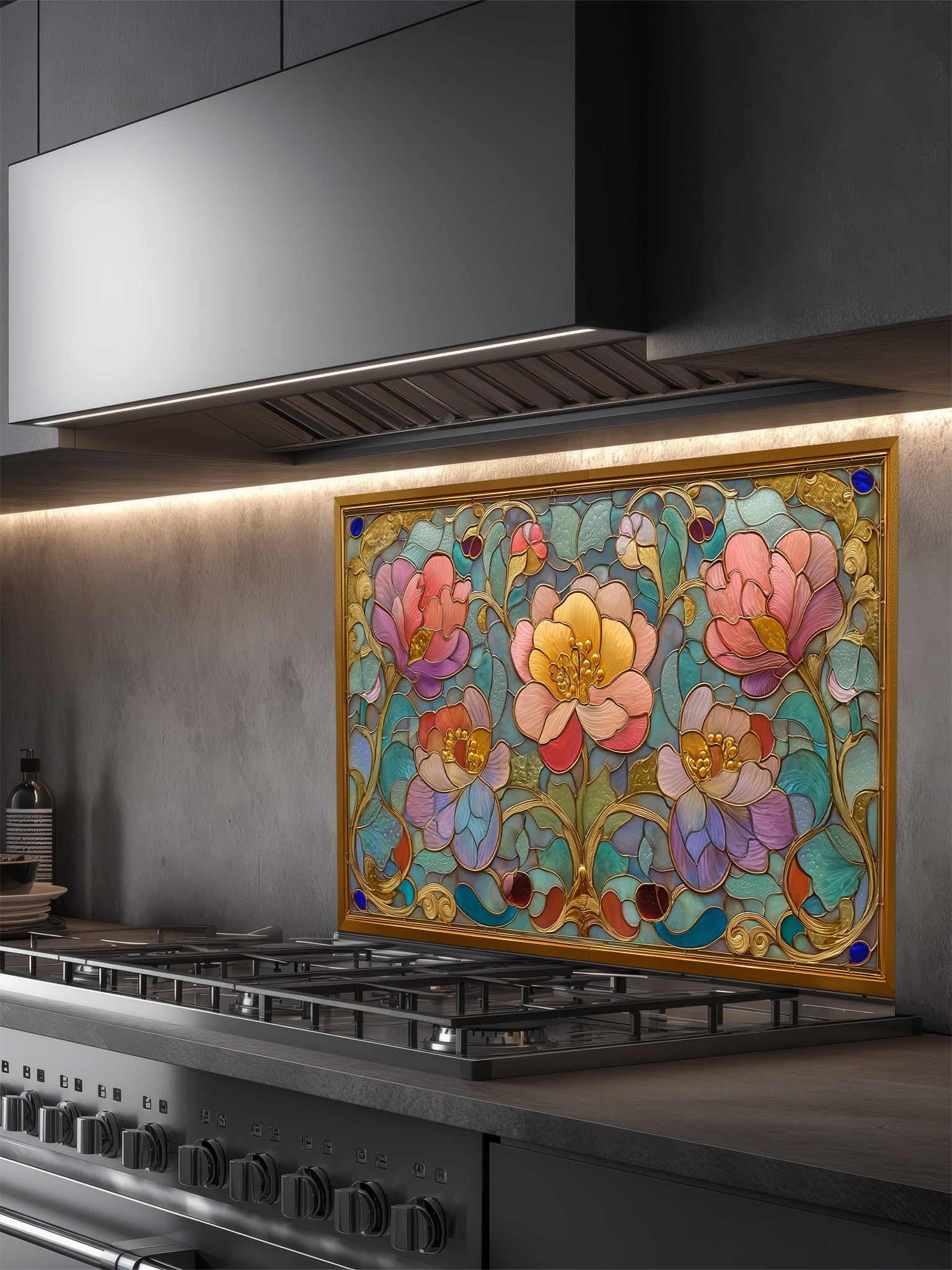 Stained glass style Art Nouveau floral pattern with pink and gold flowers inside an ornate faux-gold frame, UV printed on a smooth tempered glass kitchen backsplash, installed behind a modern stove.