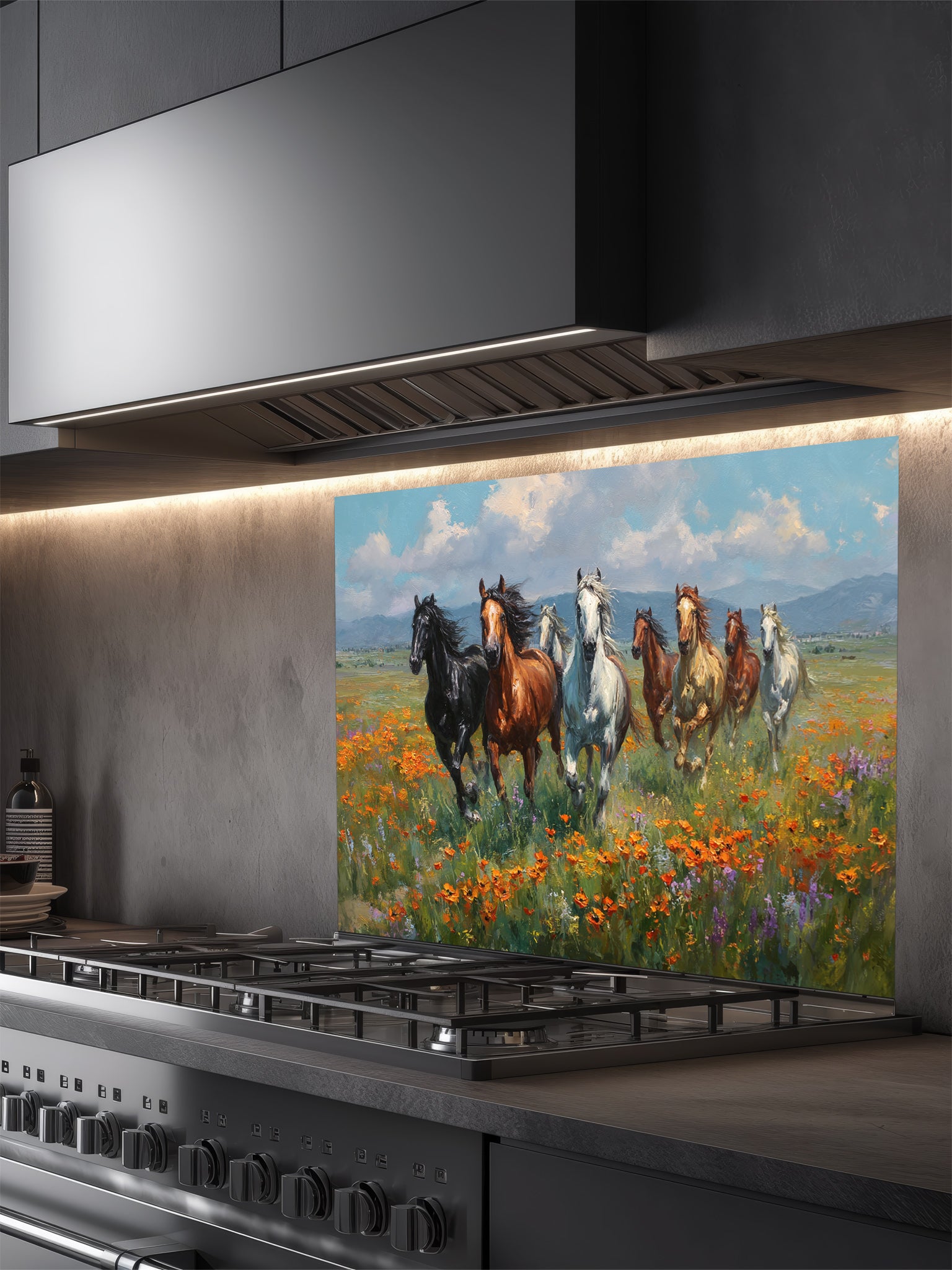 Kitchen stove with a decorative glass backsplash featuring a painting of horses running through a field.