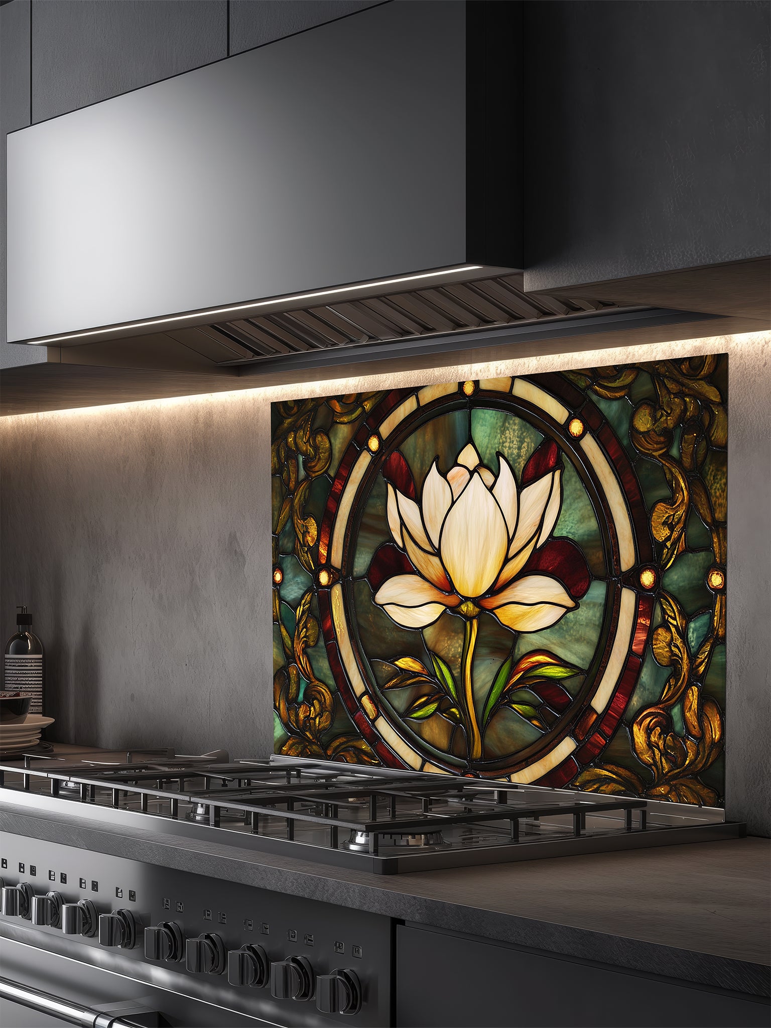 Tempered glass kitchen backsplash featuring a highly realistic faux stained glass design of a central white lotus flower surrounded by intricate Art Nouveau vines in rich emerald green and glowing amber tones, installed behind a modern stainless steel stove.