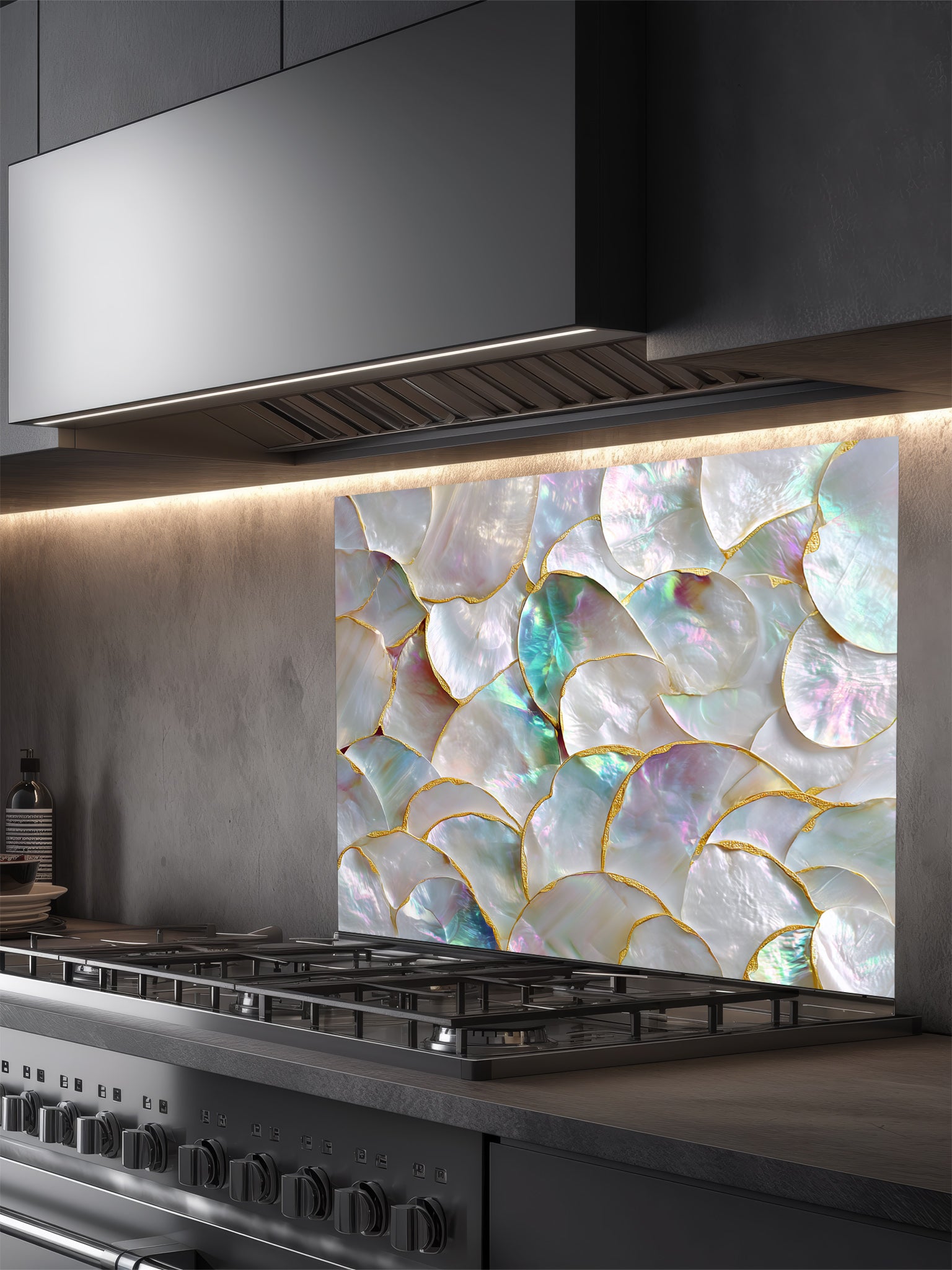 Tempered glass kitchen backsplash featuring a highly realistic 3D illusion of a luxury mother of pearl shell mosaic with iridescent pearlescent hues and faux gold edges, installed behind a modern stainless steel stove.