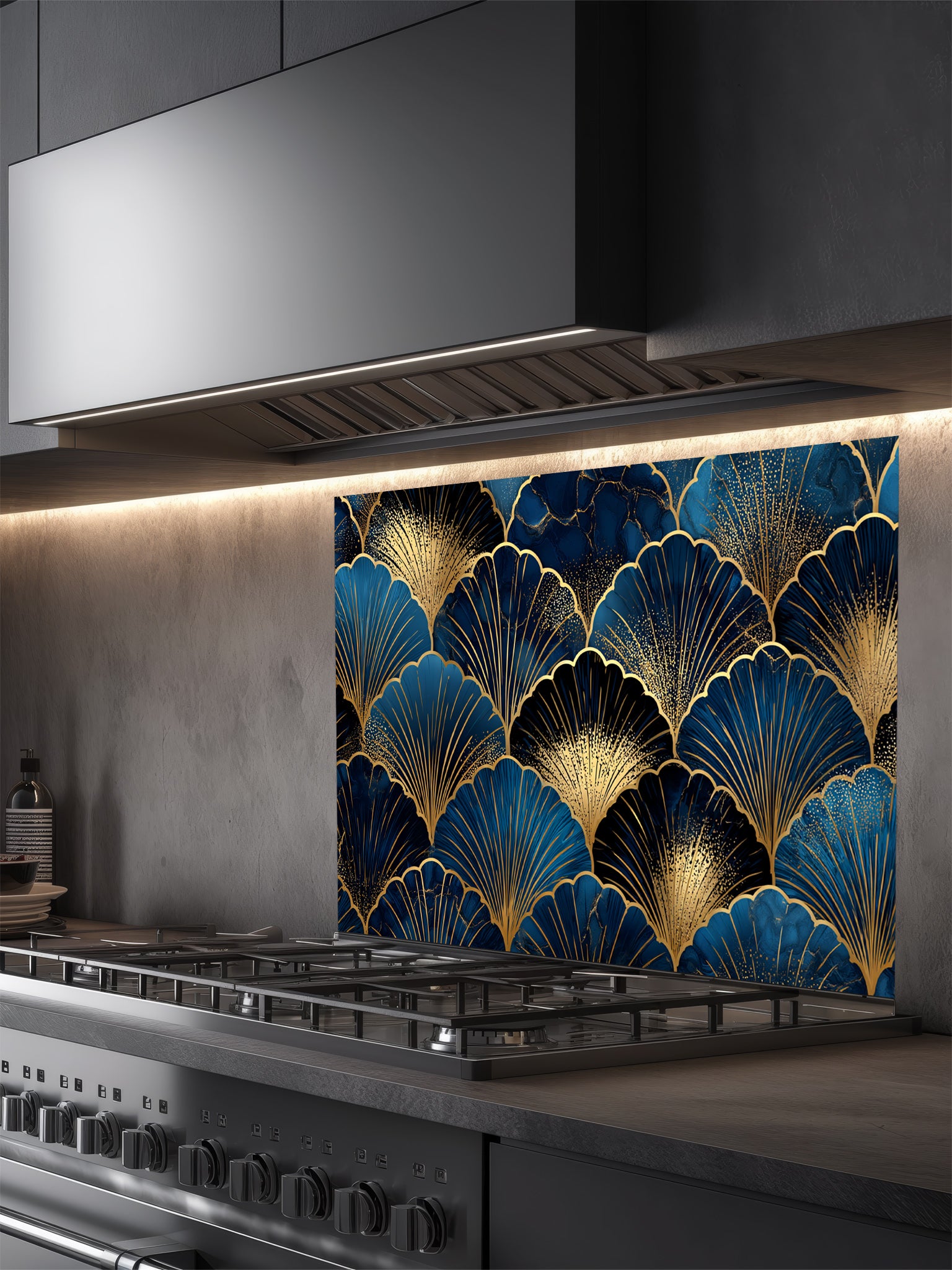 Elegant Art Deco geometric scalloped fan pattern in deep navy blue and gold, UV printed on a smooth tempered glass kitchen backsplash, installed behind a modern stove.