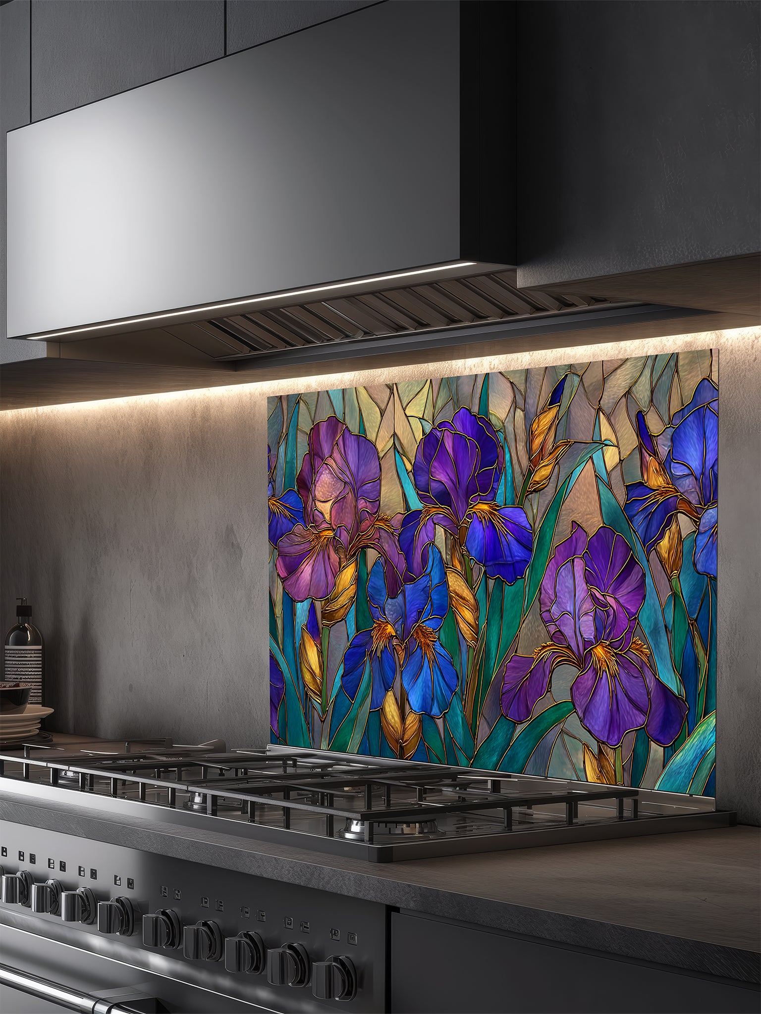 Tempered glass kitchen backsplash featuring an elegant faux stained glass design of vibrant purple and blue Iris flowers with green leaves and elegant gold outlines, installed behind a modern stainless steel stove.