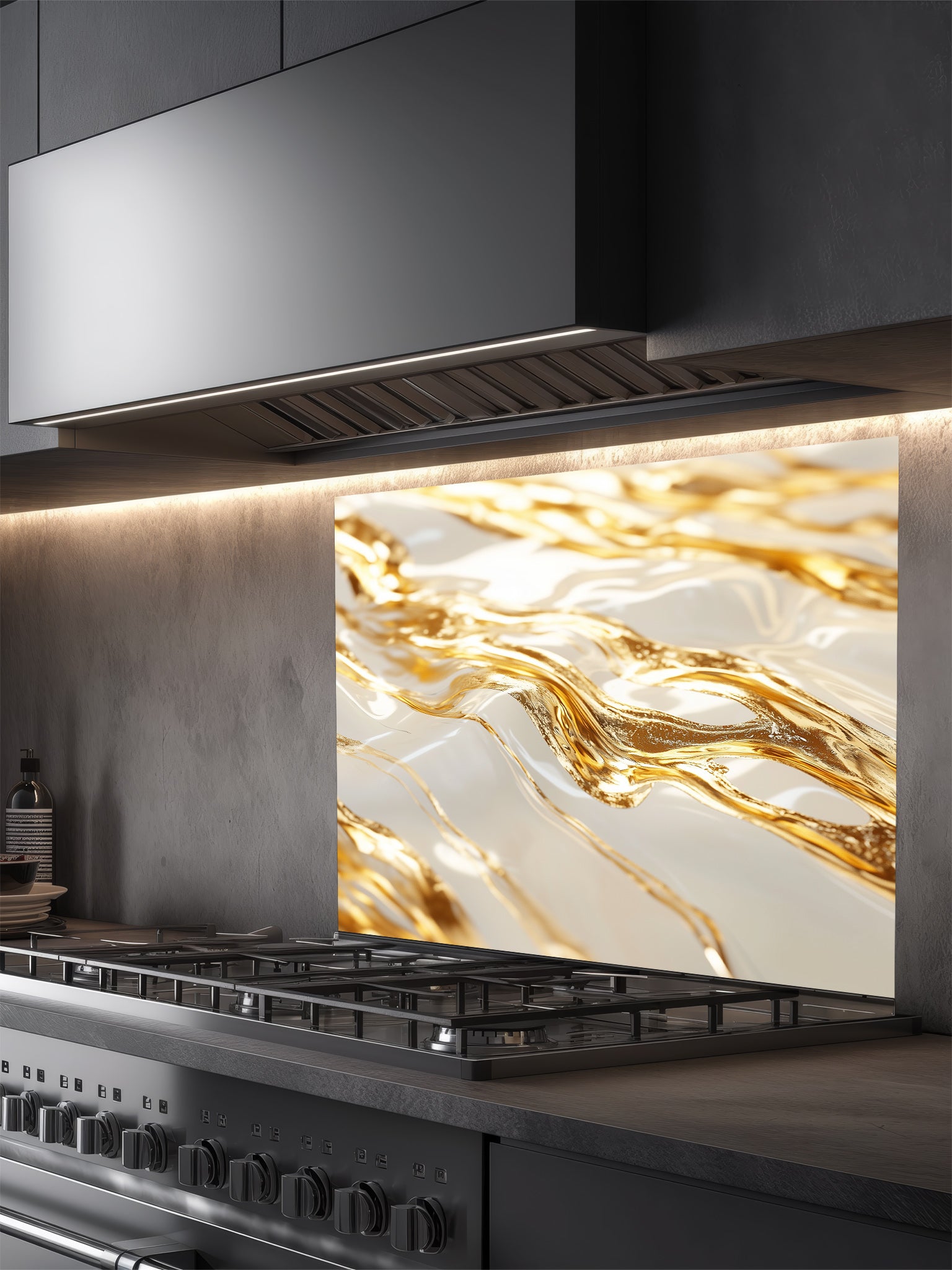 Modern kitchen with a marble backsplash and stainless steel range hood.