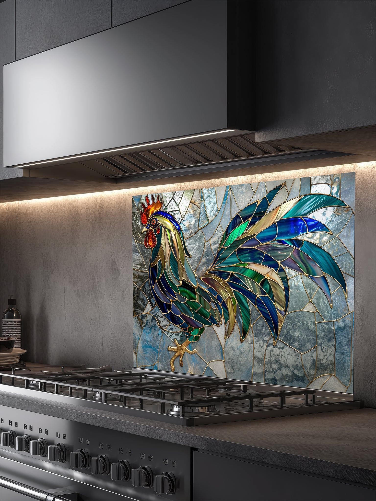 Tempered glass kitchen backsplash featuring a faux stained glass design of a rooster with teal, emerald, and navy feathers and prominent gold outlines, set against an abstract icy blue mosaic background, installed behind a modern stainless steel stove.