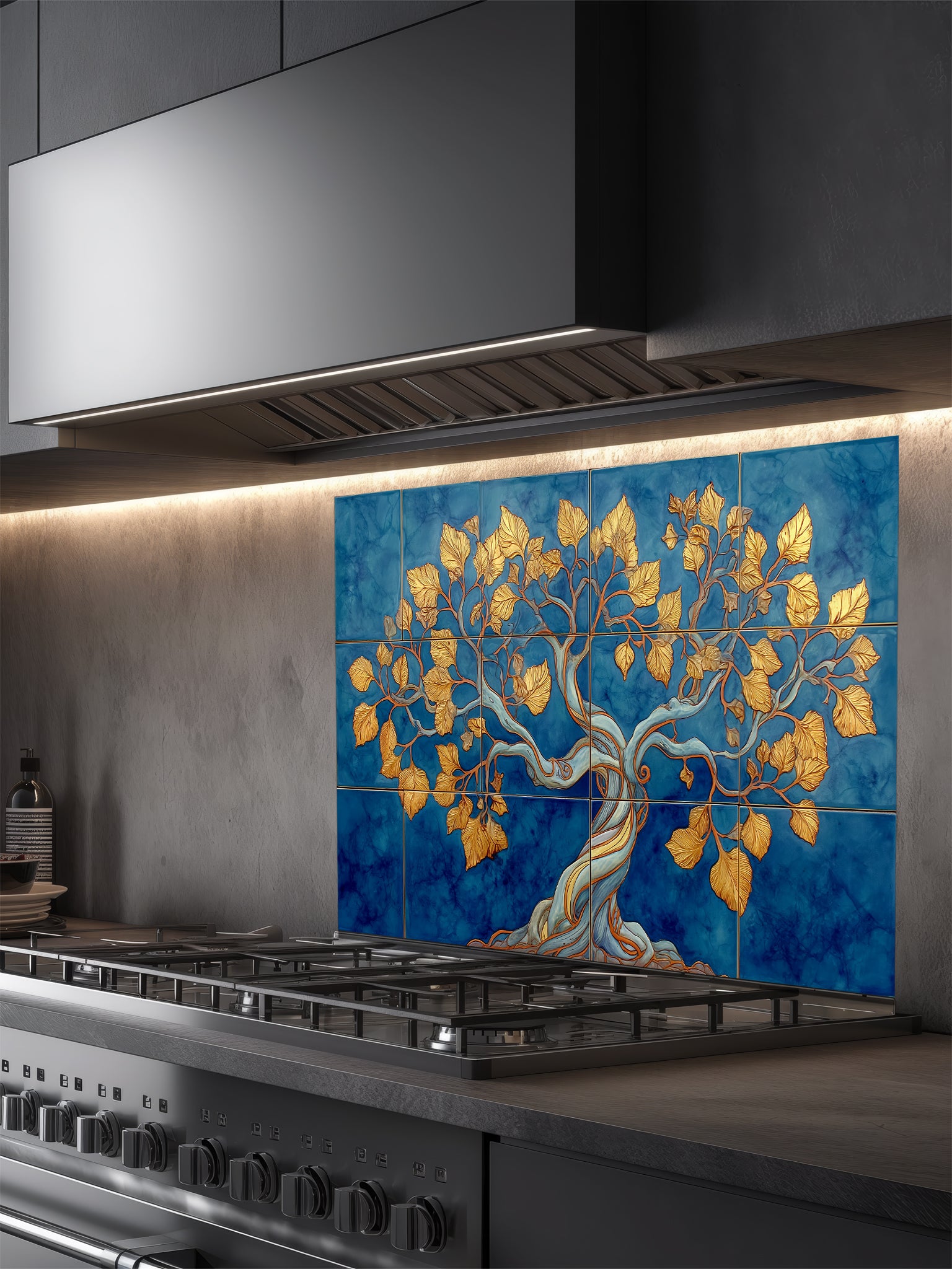 Faux blue tile background featuring an elegant golden Tree of Life with intricate leaves, UV printed on a smooth tempered glass kitchen backsplash, installed behind a modern stove.