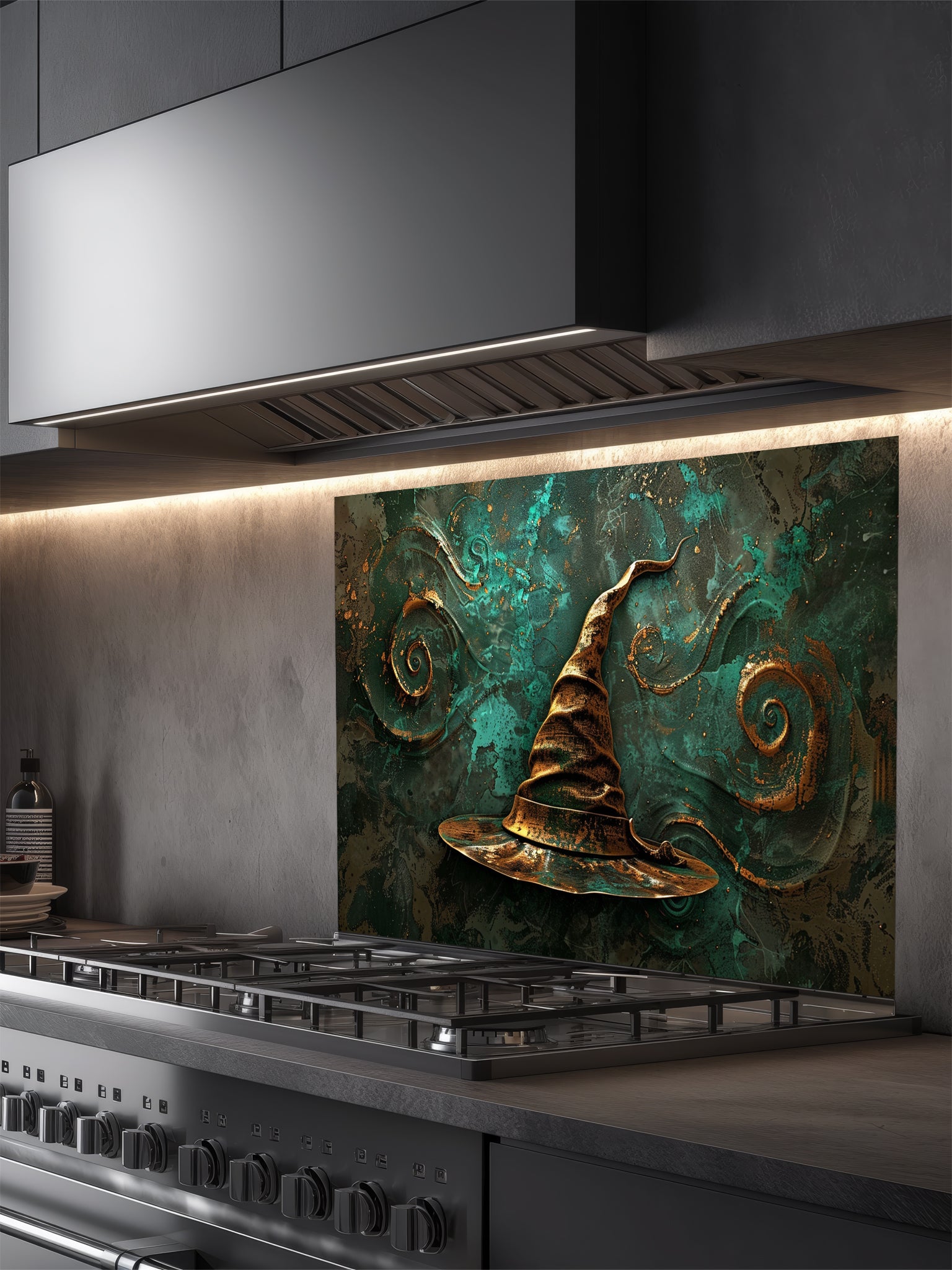 Tempered glass kitchen backsplash featuring a highly realistic 3D illusion of an antique gold sculpted witch or wizard hat surrounded by magical swirling patterns against a textured deep teal background, installed behind a modern black stove.