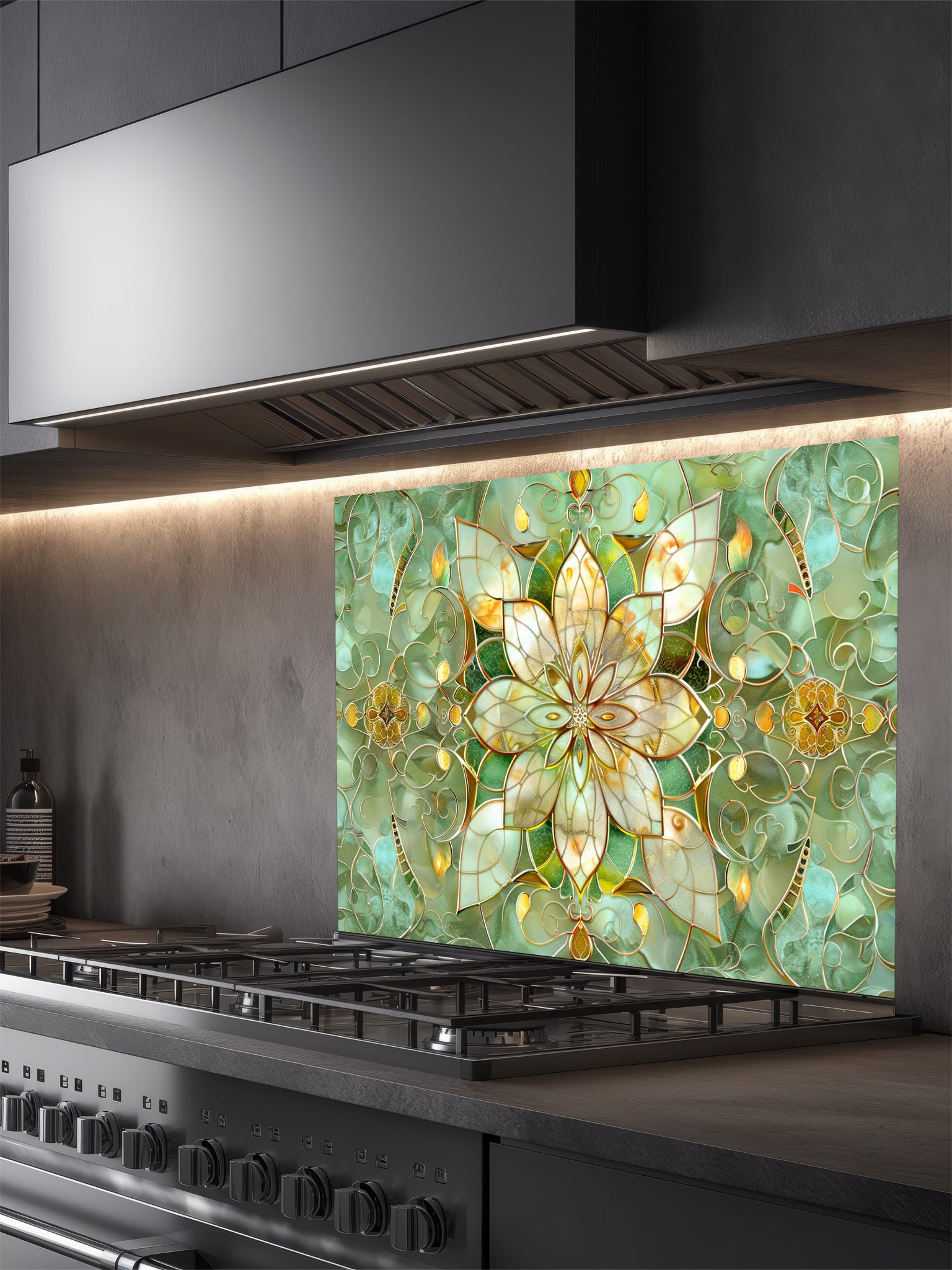 Stained glass style green and gold floral mandala UV printed on a smooth tempered glass kitchen backsplash, installed behind a modern stove.