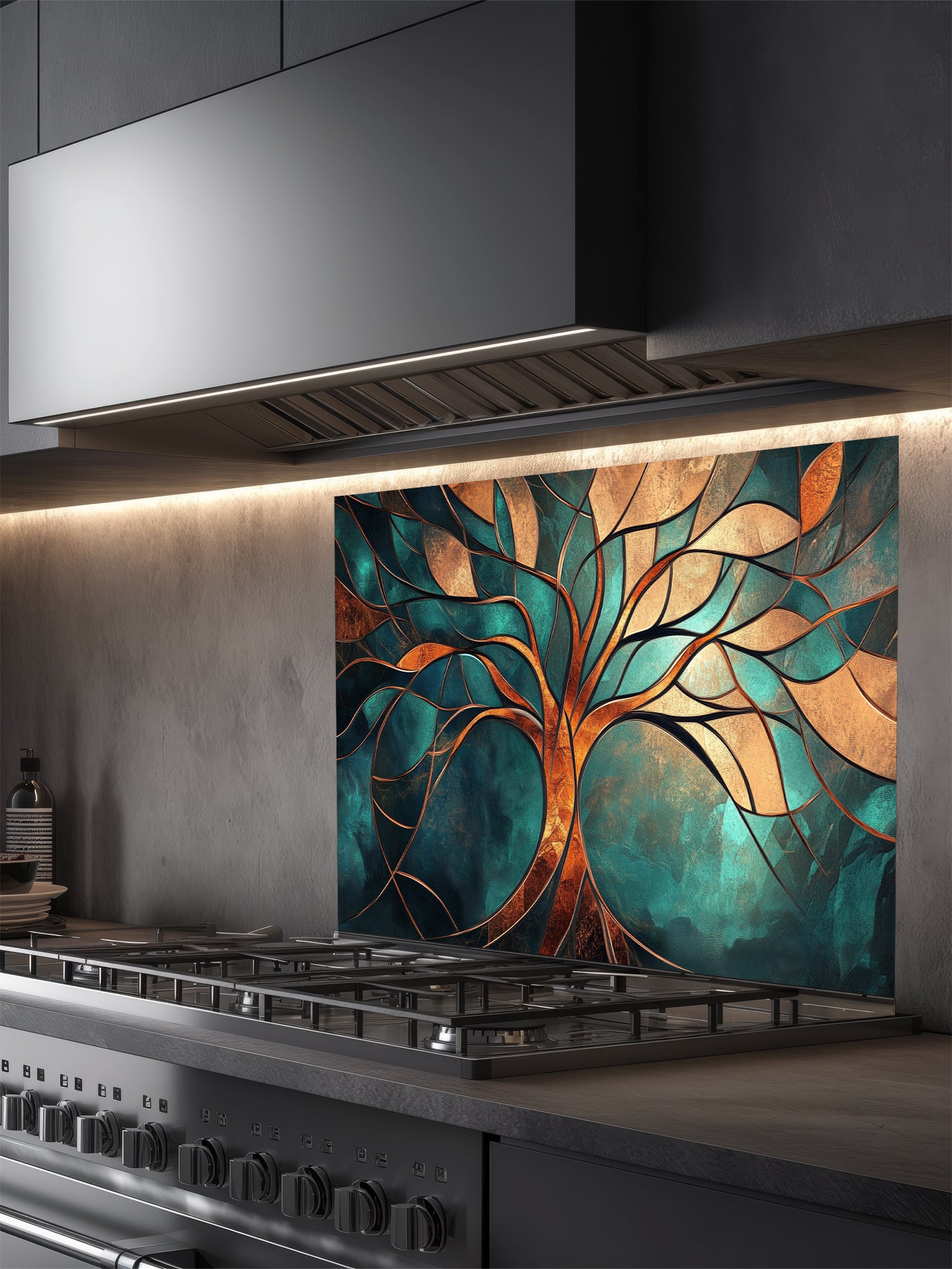 Tempered glass kitchen backsplash featuring a highly realistic 3D illusion of a stained glass and metallic Tree of Life with glowing gold, bronze, and copper branches against a rich teal and emerald background, installed behind a modern black stove.
