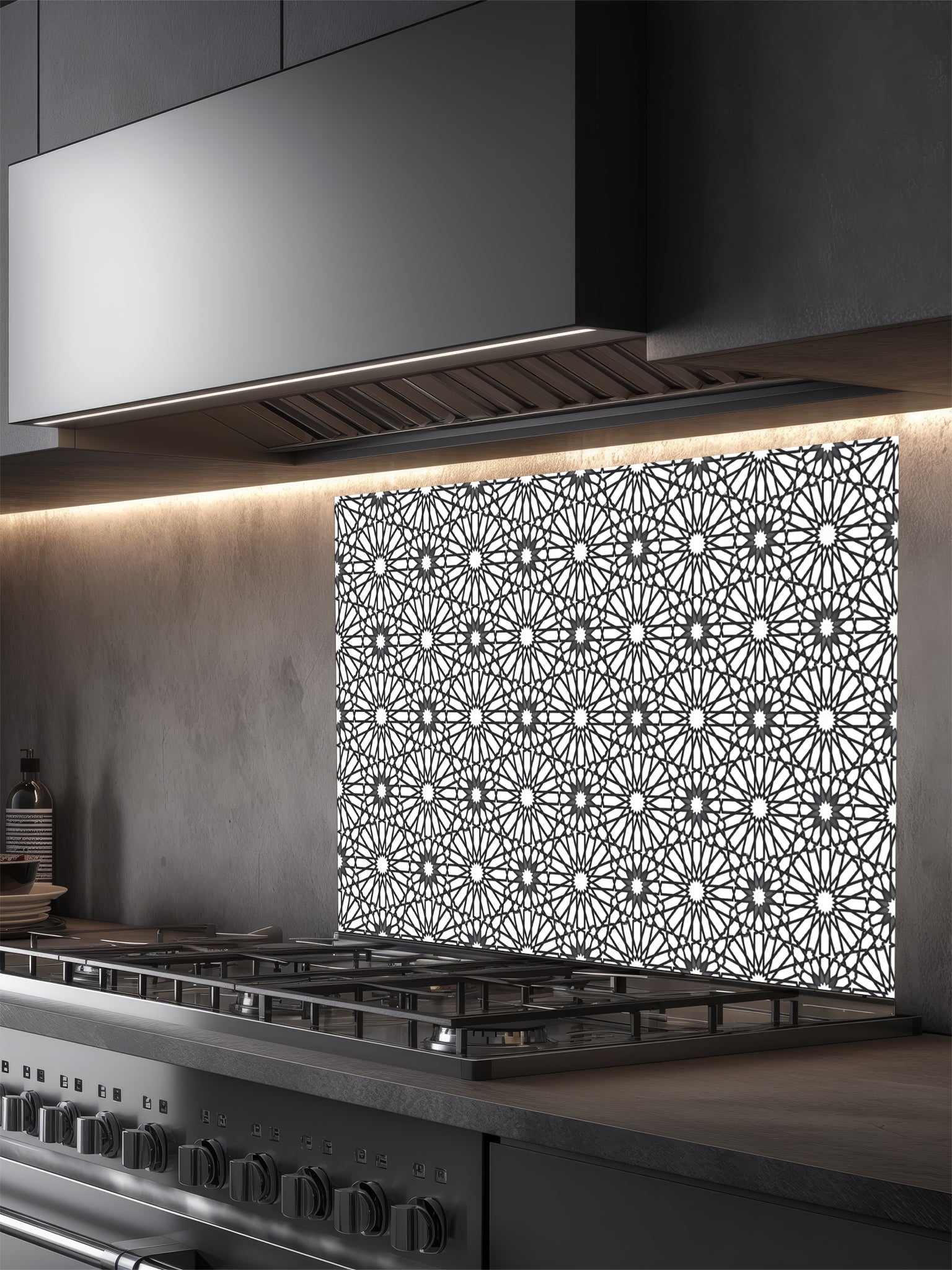 Decorative backsplash with geometric pattern in a modern kitchen