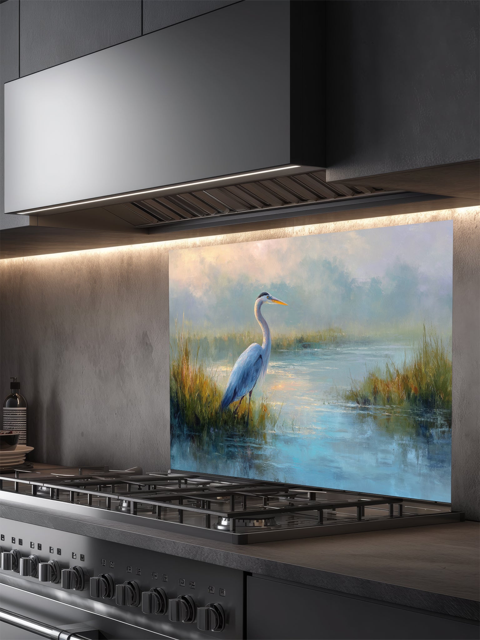 Fine art style oil painting of a blue heron standing in a misty wetland marsh, UV printed on a smooth tempered glass kitchen backsplash.