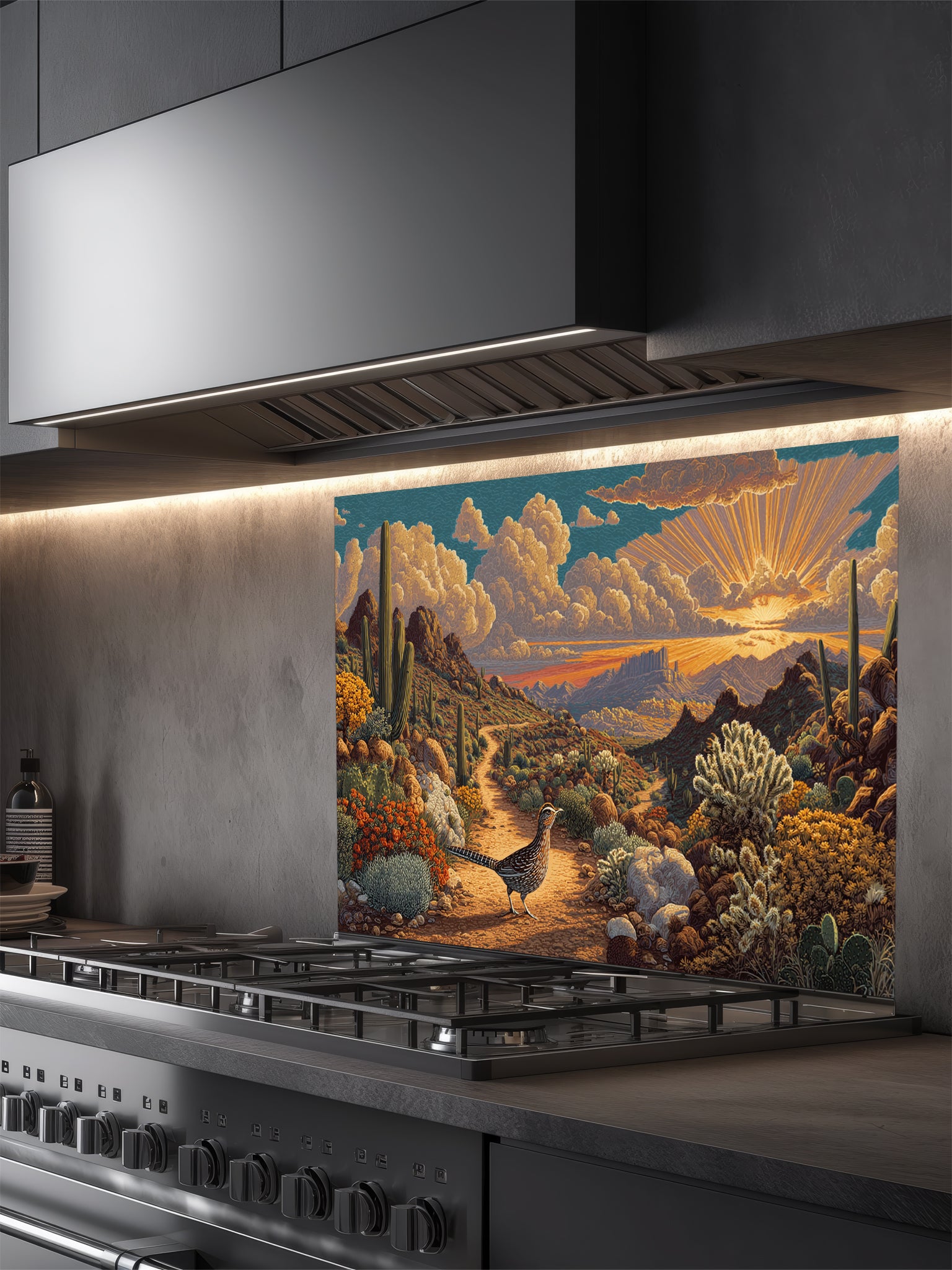 Tempered glass kitchen backsplash featuring a highly realistic 3D illusion of a vintage impasto oil painting showing a beautiful Southwestern desert landscape with a dirt trail, saguaro cacti, blooming flora, a quail, and a radiant sunburst sunset, installed behind a modern black stove.