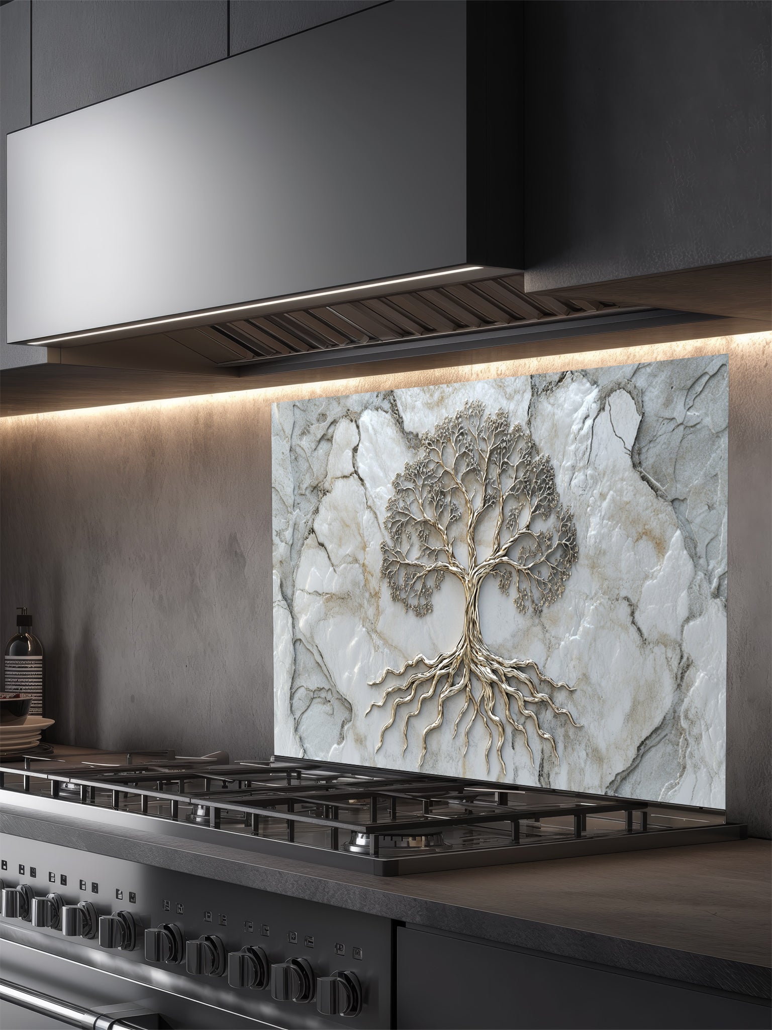 Faux 3D effect metallic Tree of Life on a light marble texture background, UV printed on a smooth tempered glass kitchen backsplash, installed behind a modern stove.