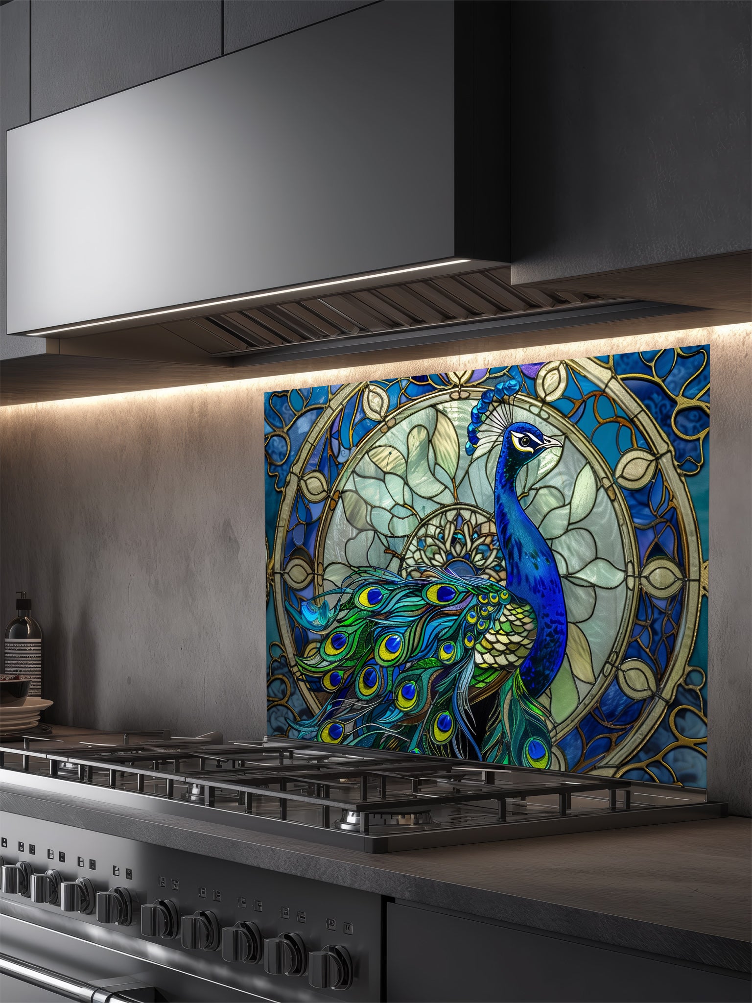 Tempered glass kitchen backsplash featuring a highly realistic 3D illusion of Art Nouveau stained glass showing a majestic royal blue peacock against an intricate circular mandala background with gold outlines, installed behind a modern stainless steel stove.