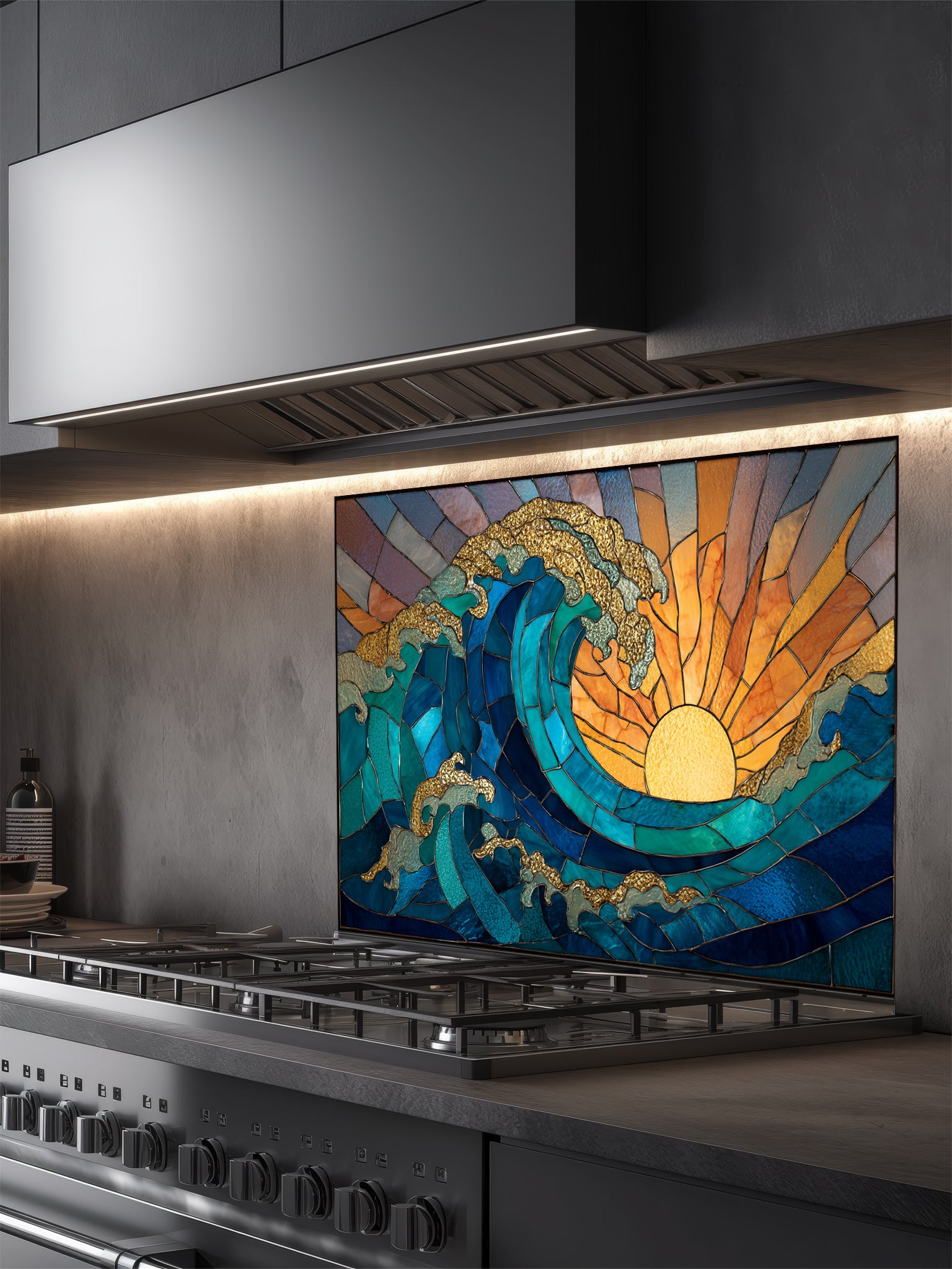 Stained glass style crashing ocean wave and vibrant golden sunrise, UV printed on a smooth tempered glass kitchen backsplash, installed behind a modern stove.