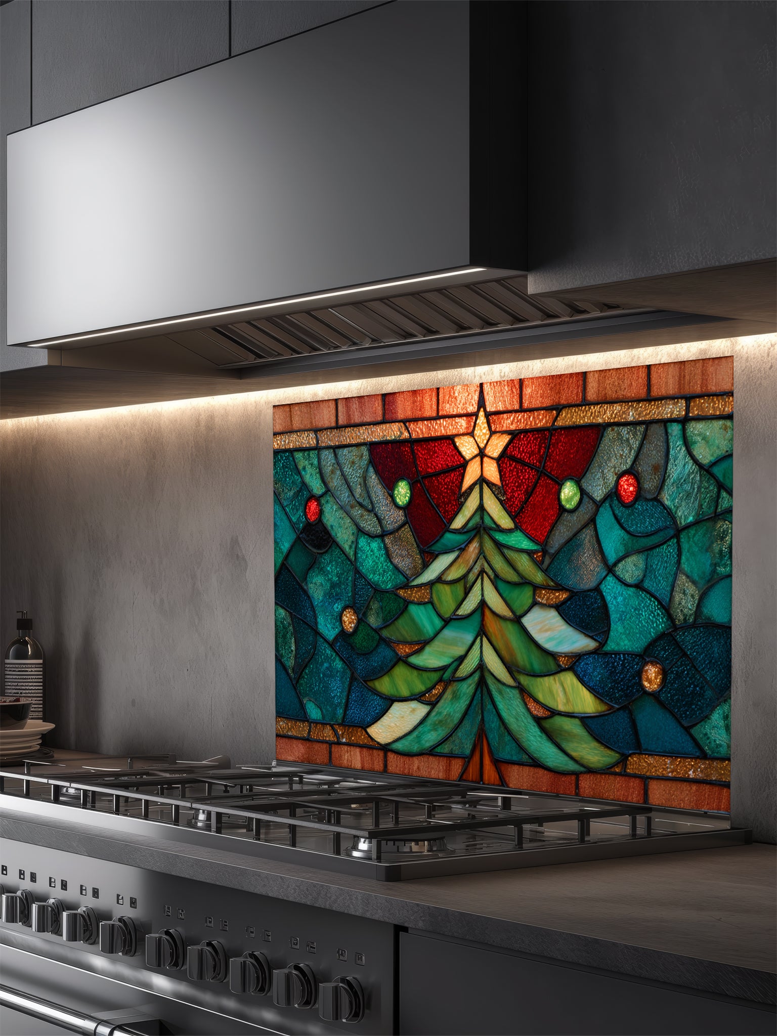Tempered glass kitchen backsplash featuring a highly realistic 3D illusion of stained glass art showing a festive evergreen Christmas tree decorated with red ornaments and a glowing gold star against a warm amber and blue background, installed behind a modern black stove.
