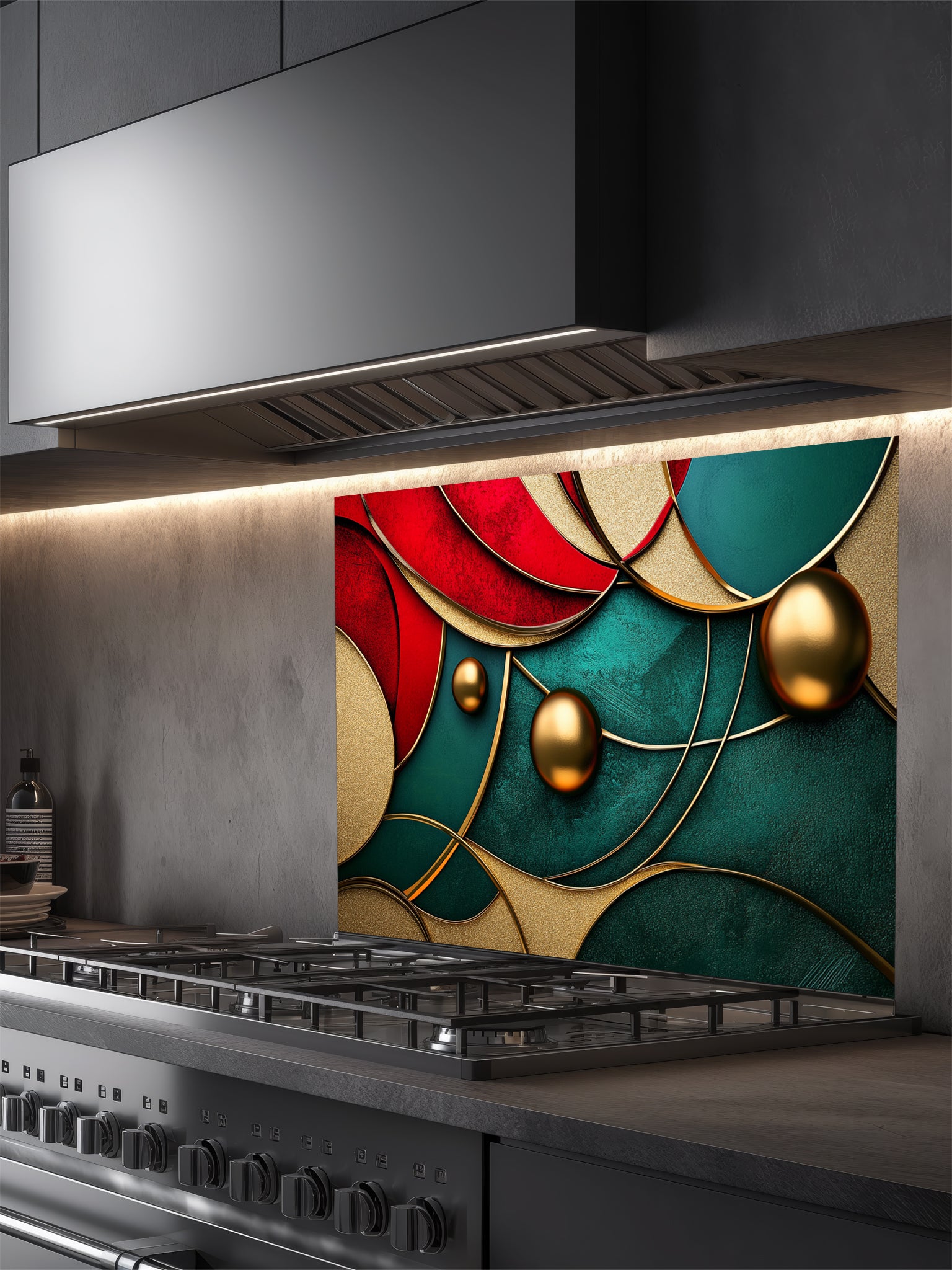 Tempered glass kitchen backsplash featuring a highly realistic 3D illusion of abstract overlapping geometric circles and waves in rich ruby red and emerald green with striking gold outlines and floating 3D metallic gold spheres, installed behind a modern stainless steel stove.