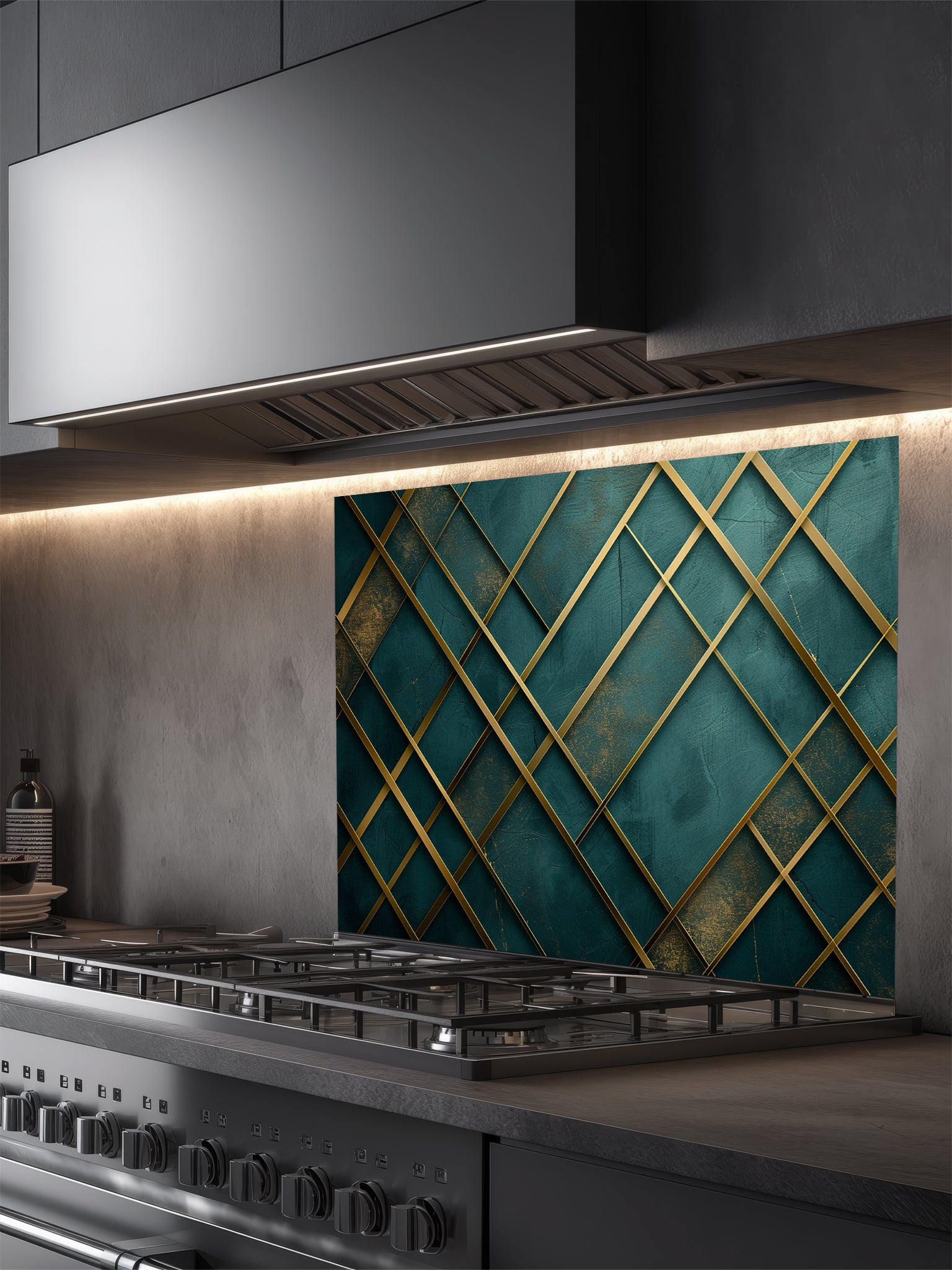 Tempered glass kitchen backsplash featuring a highly realistic 3D illusion of a textured emerald green and teal background crossed by elegant, abstract metallic gold geometric lines, installed behind a modern black stove.