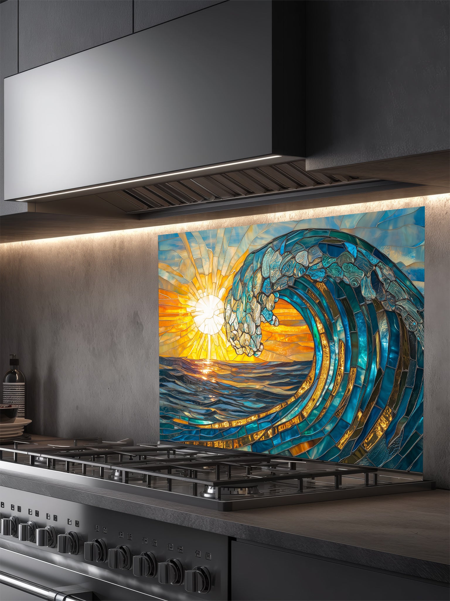 Stainless steel range hood with a decorative glass panel featuring a wave design and sunset.