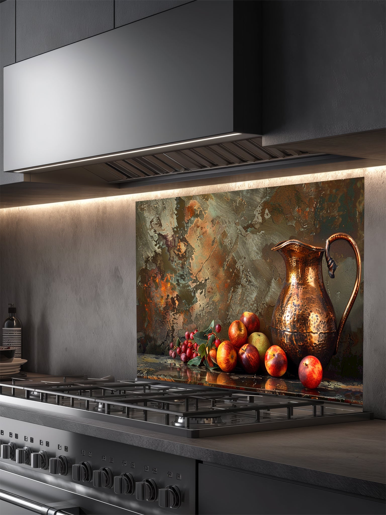 Rustic still life painting of a hammered copper pitcher and fresh fruits against a textured patina metal background, UV printed on a smooth tempered glass kitchen backsplash.