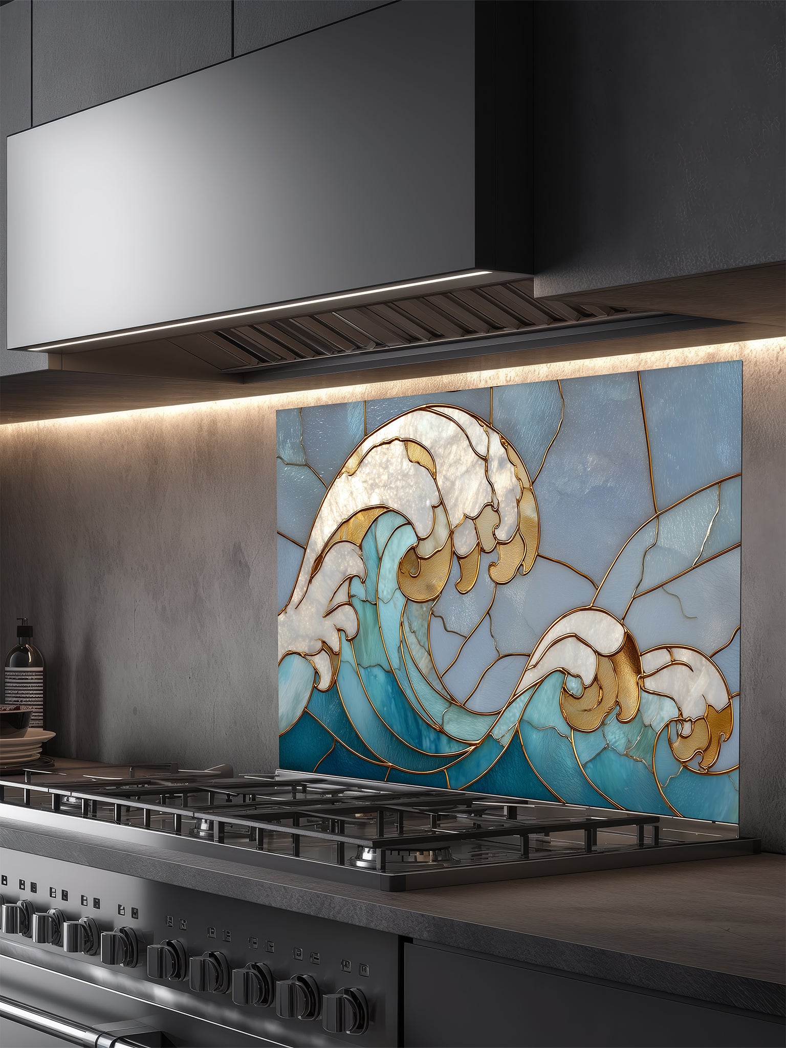 Tempered glass kitchen backsplash featuring a dramatic crashing ocean wave design in faux stained glass with deep blue water, white foam crests, and elegant gold outlines, installed behind a modern stainless steel stove.