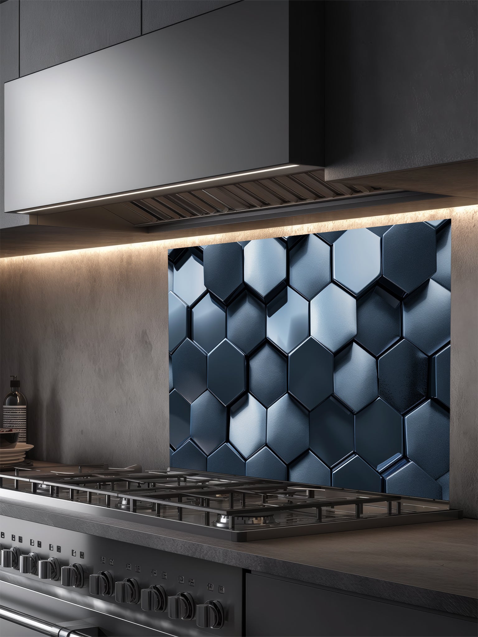 Faux 3D effect dark gunmetal metallic hexagon honeycomb tiles, UV printed on a smooth tempered glass kitchen backsplash, installed behind a modern stove.