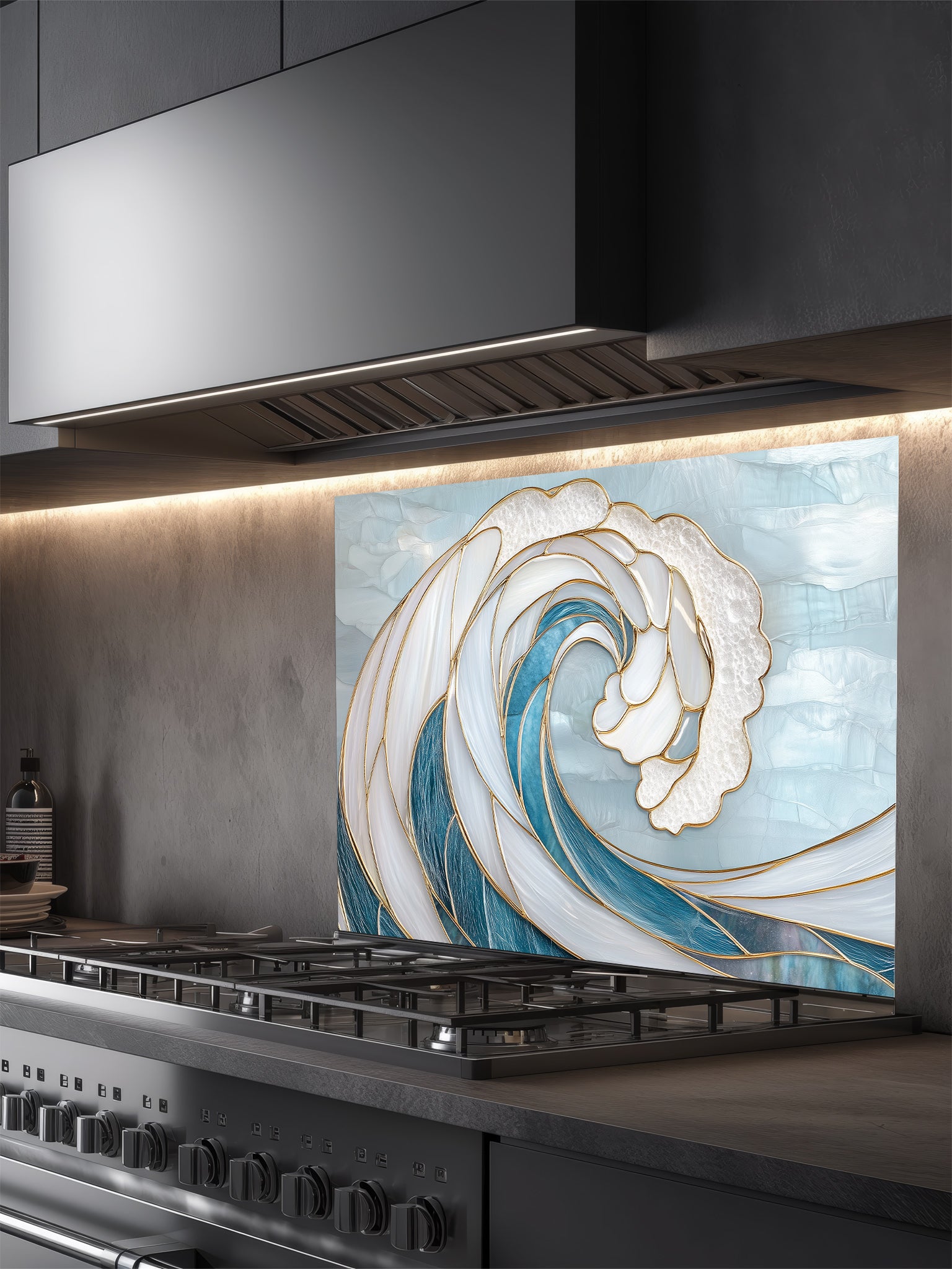 Decorative glass splashback with wave design above a kitchen stove.