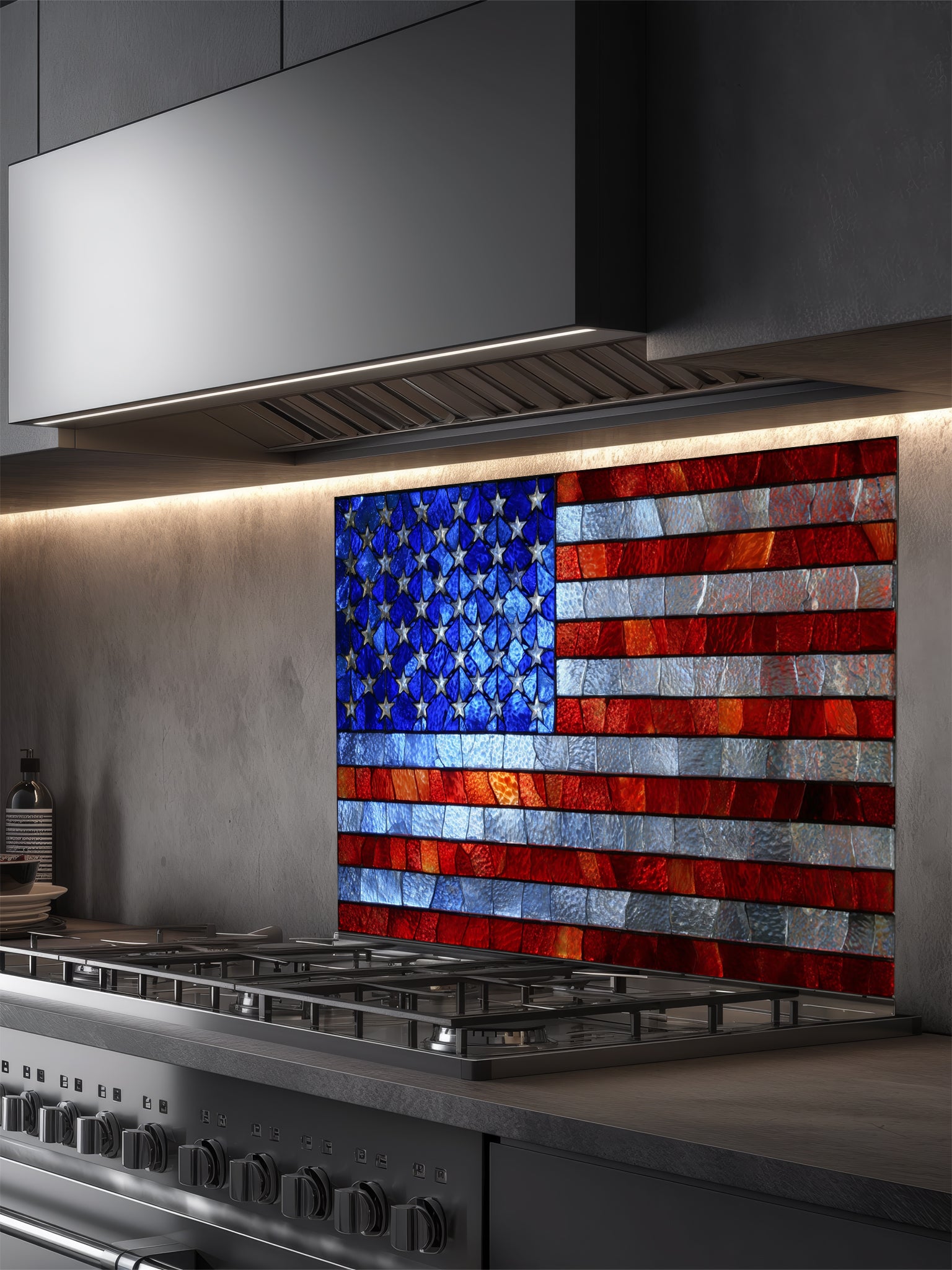 Faux stained glass pattern featuring the American flag with vibrant red, white, and blue textured pieces, UV printed on a smooth tempered glass kitchen backsplash.